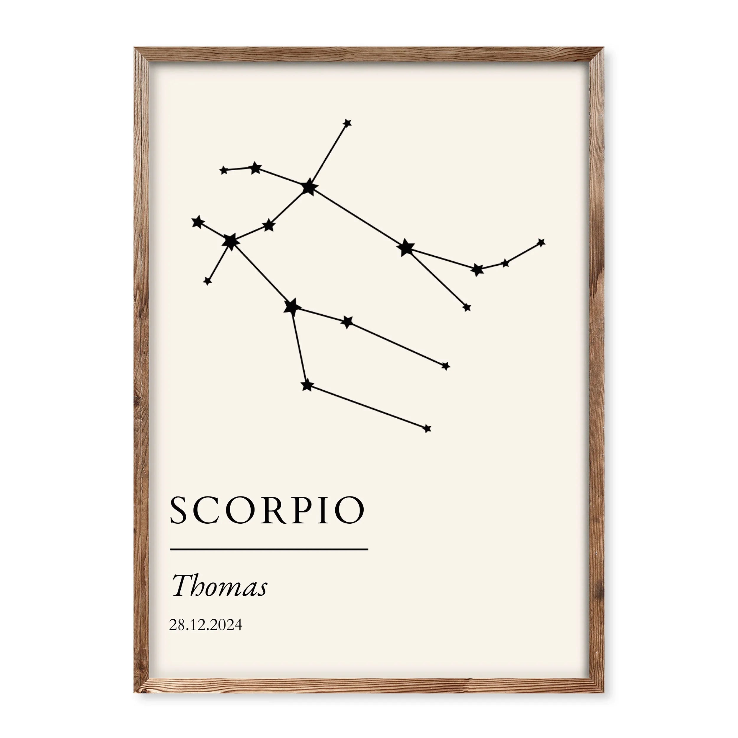 Minimalist zodiac constellation print with personal name and date on a soft cream background