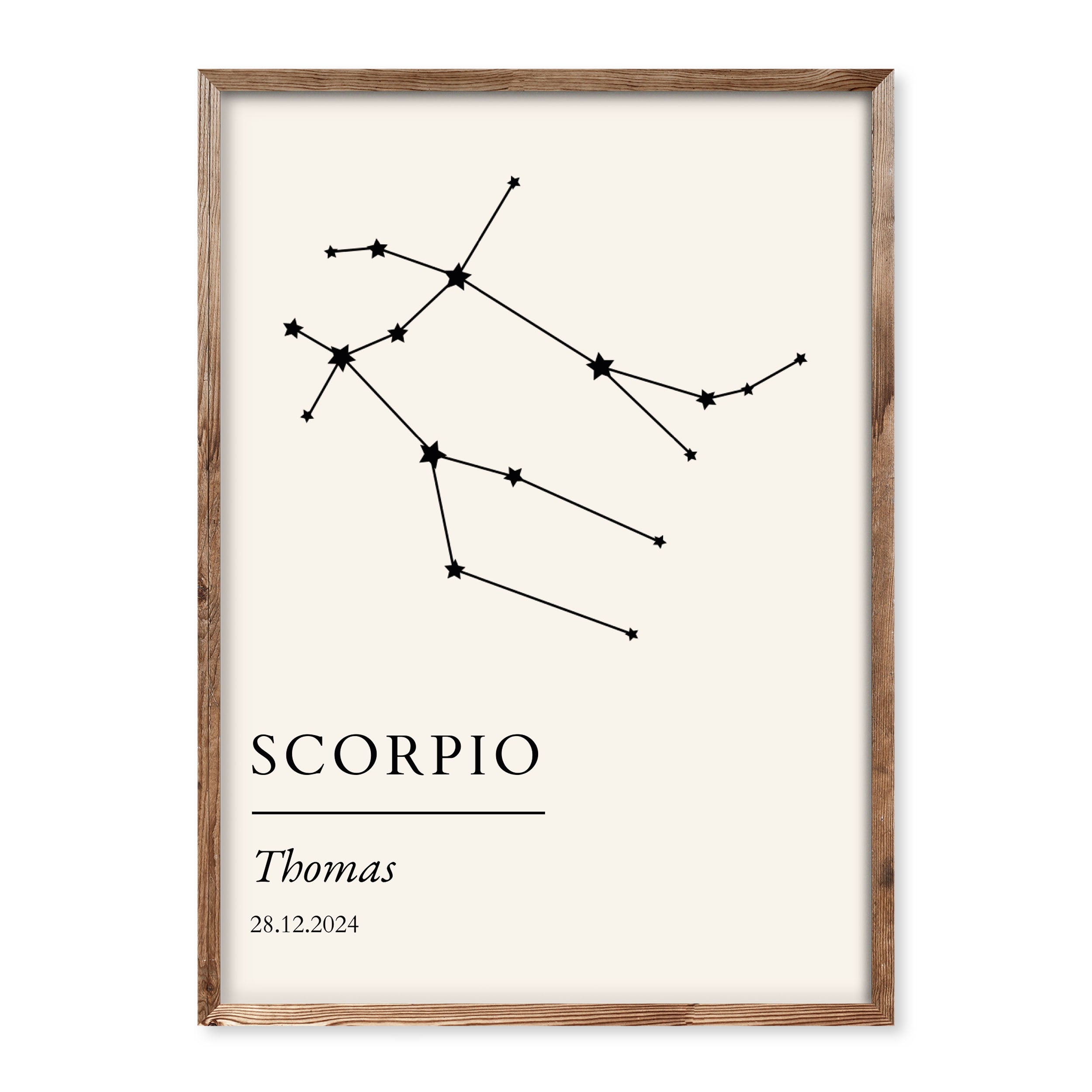 Minimalist zodiac constellation print with personal name and date on a soft cream background