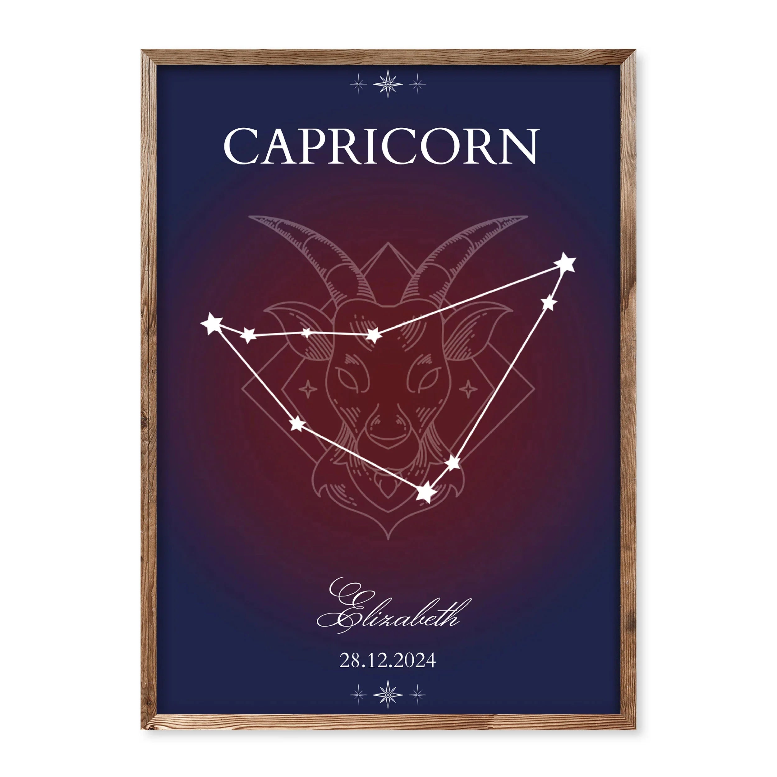 Personalised zodiac constellation poster with custom name and date, elegant astrology-themed wall art