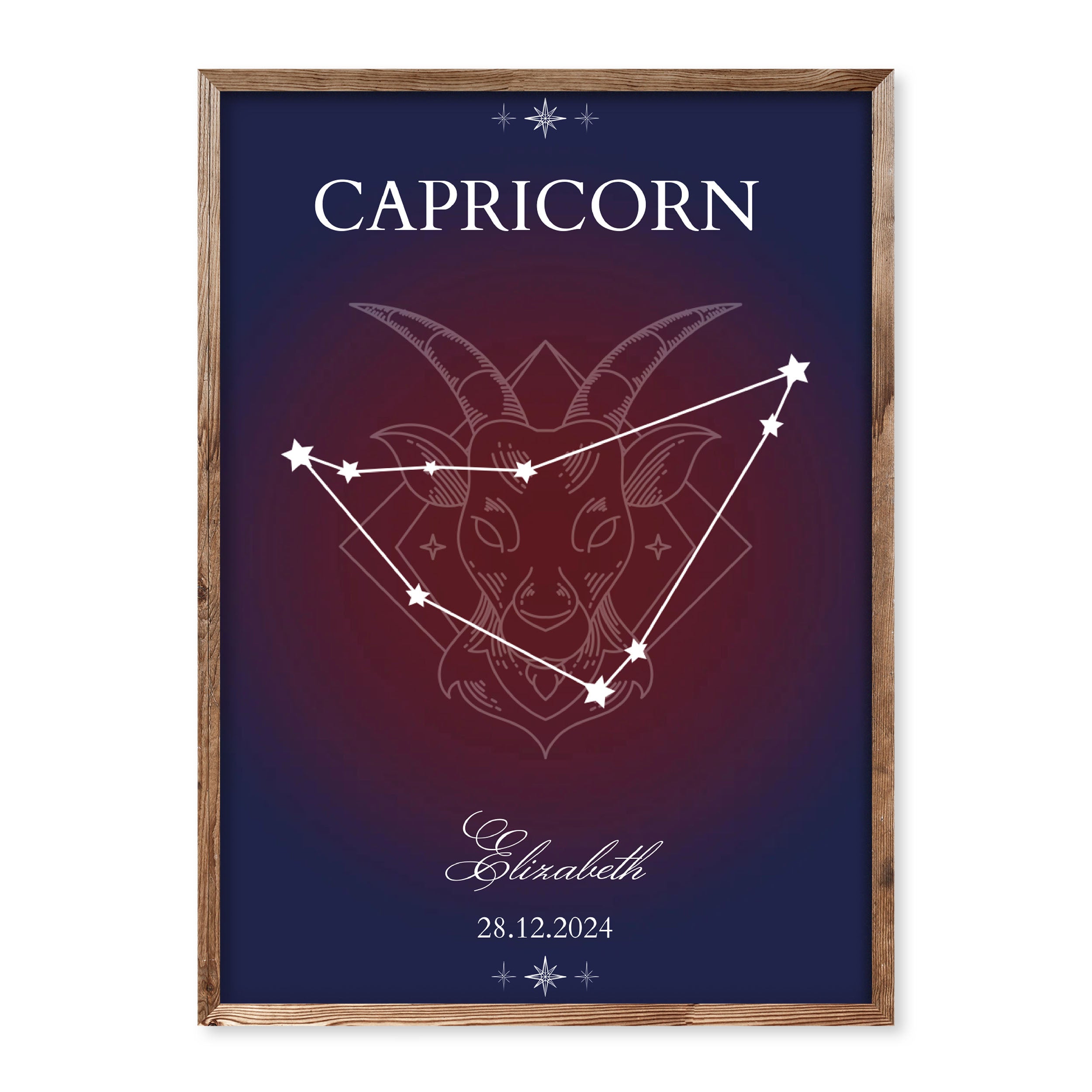 Personalised zodiac constellation poster with custom name and date, elegant astrology-themed wall art