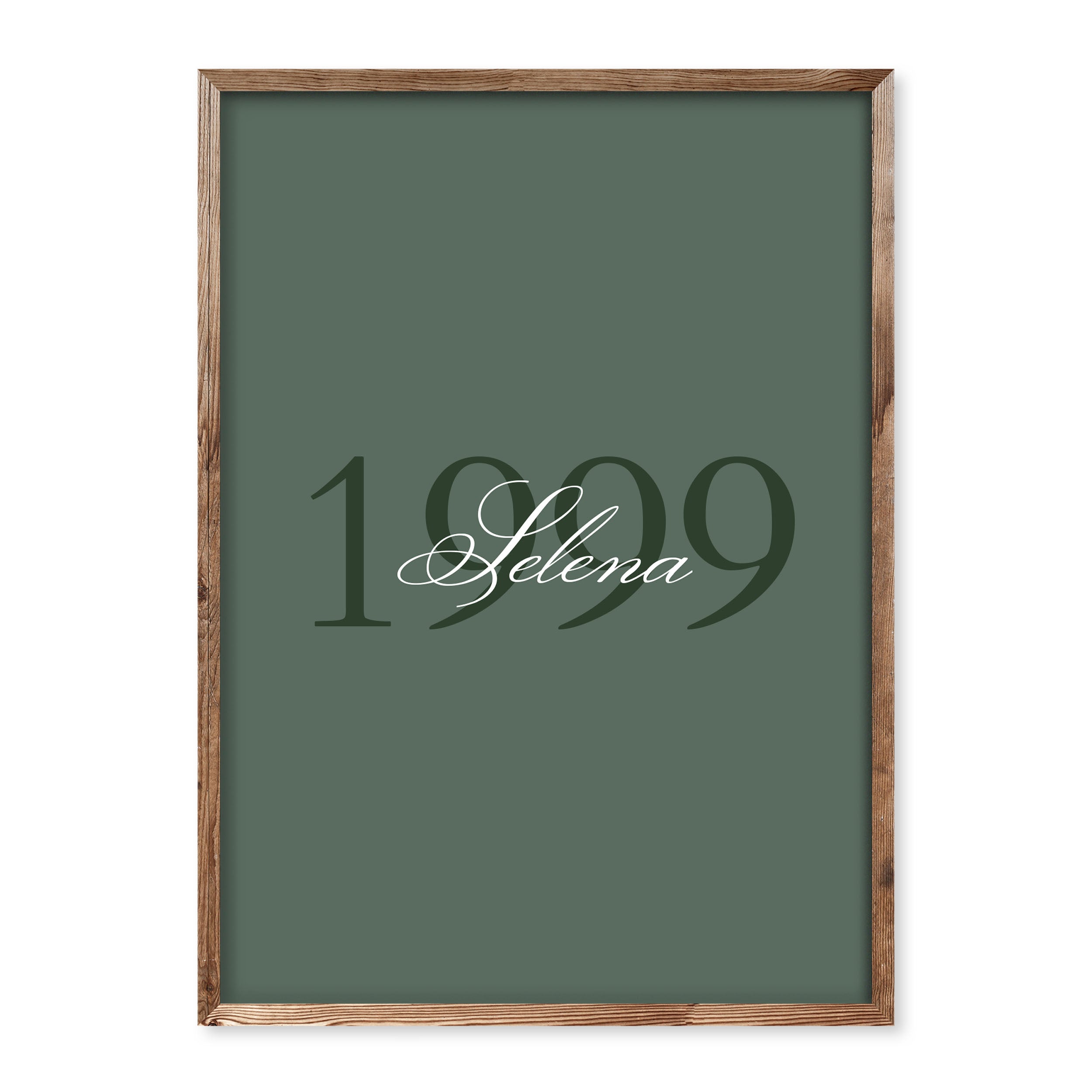 Minimalist green poster with a large year and the name "Selena" in elegant script.
