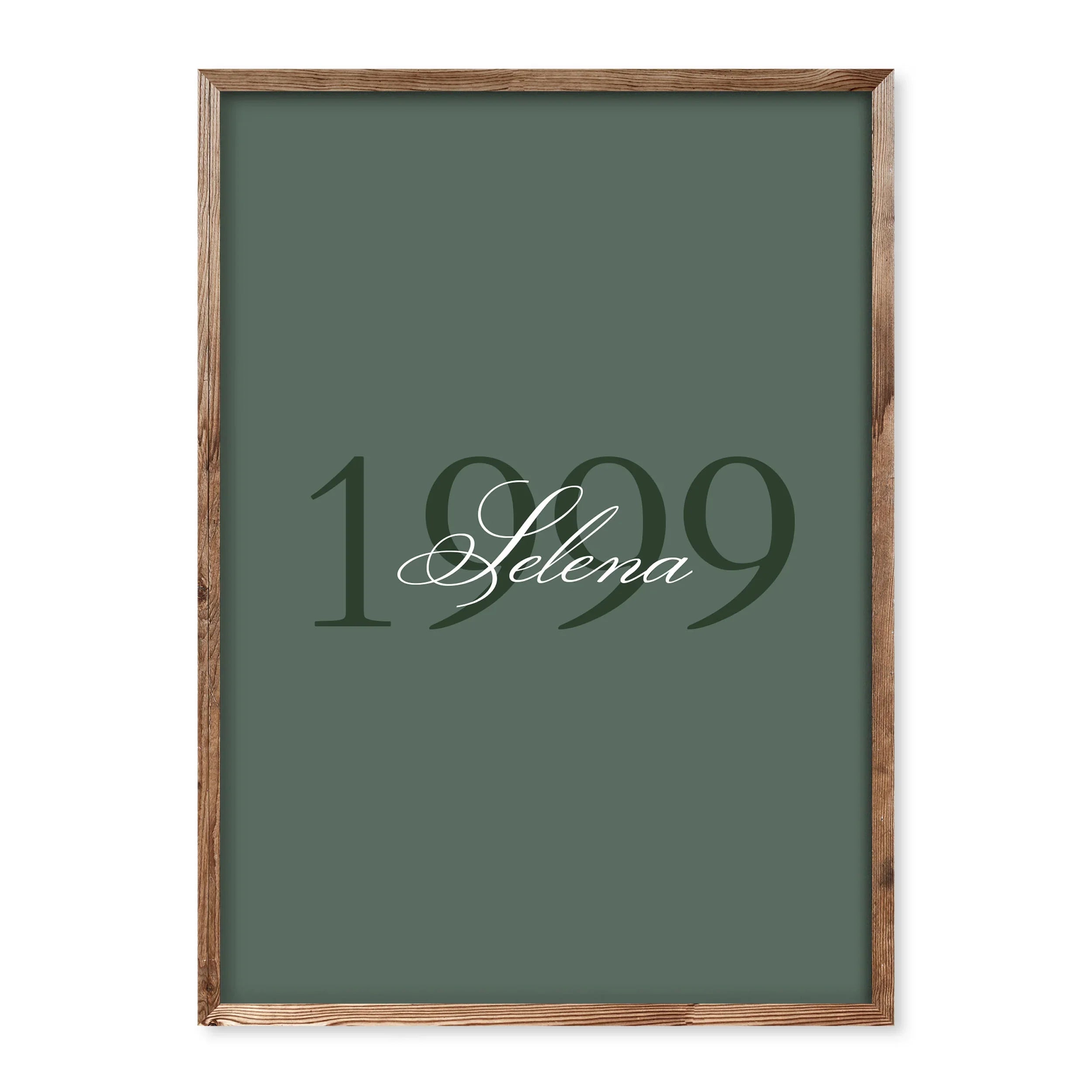 Minimalist green poster with a large year and the name "Selena" in elegant script.