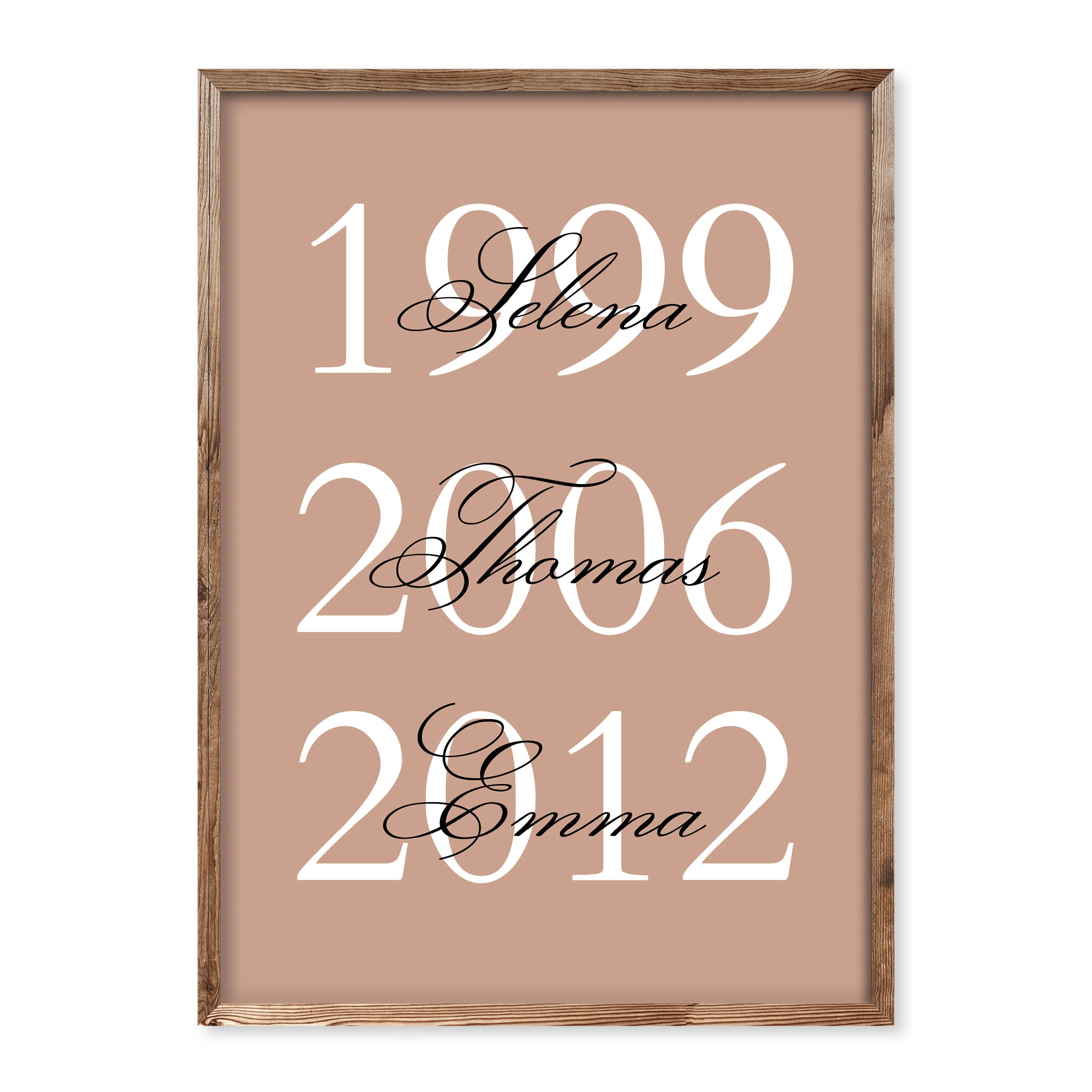 Minimalist poster with three large dates and elegant black names overlaid on a warm beige background.