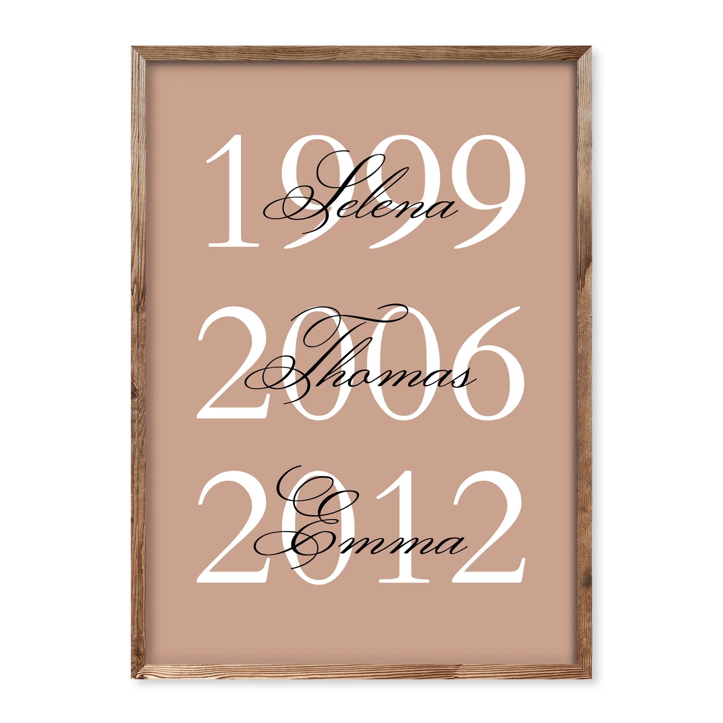 Minimalist poster with three large dates and elegant black names overlaid on a warm beige background.