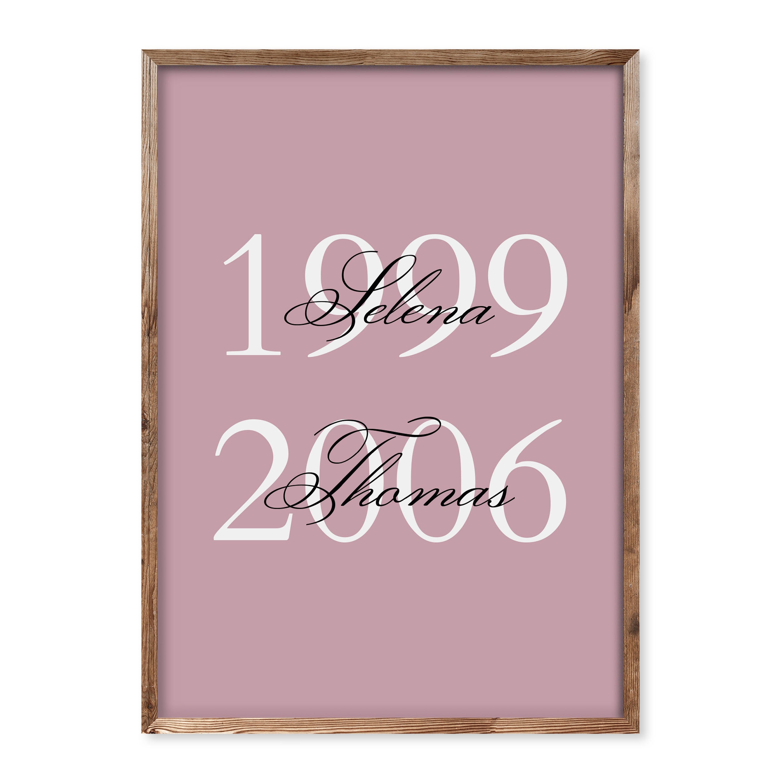Minimalist poster with two important years and elegant names on a soft pink background.