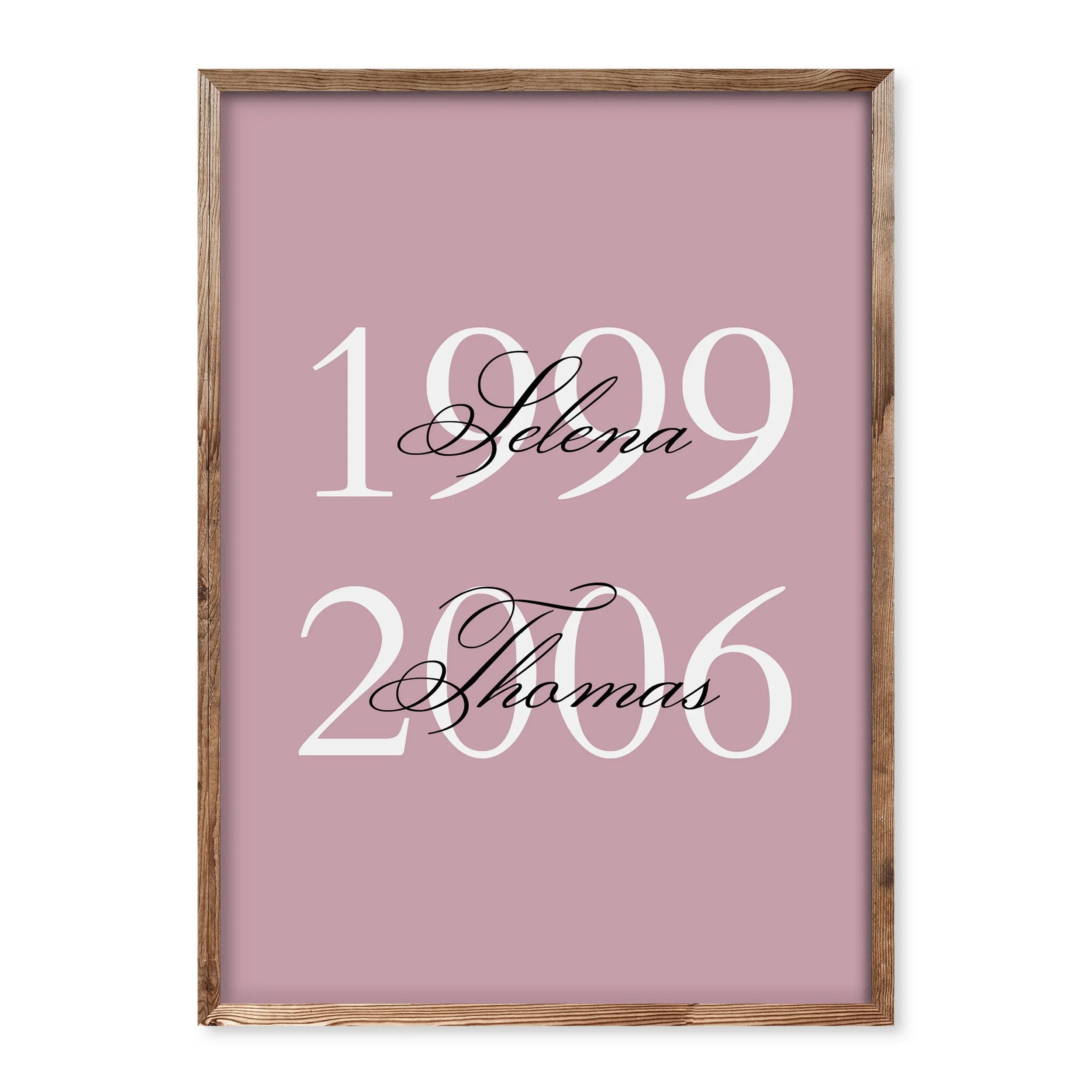 Minimalist poster with two important years and elegant names on a soft pink background.