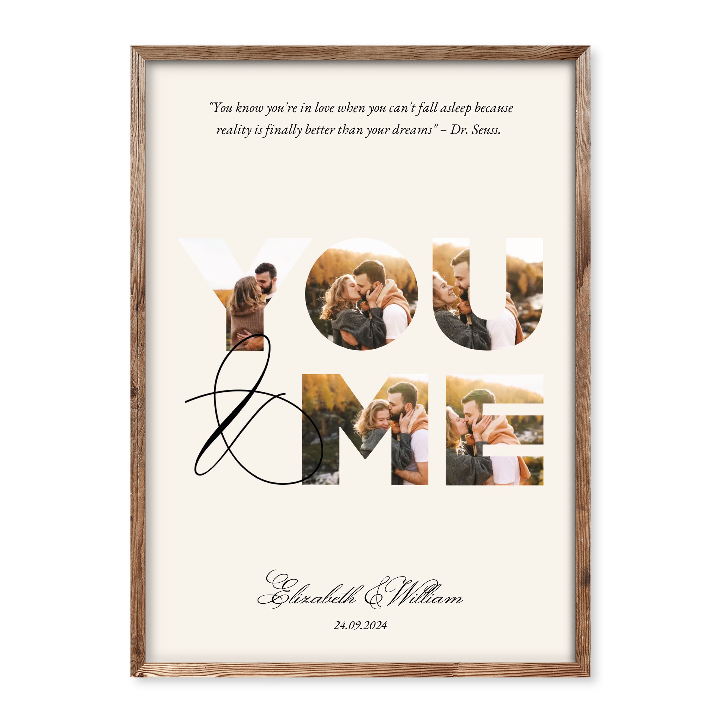 Personalised couple photo collage poster with “YOU & ME” letters filled with romantic pictures, custom names Elizabeth & William, and date.