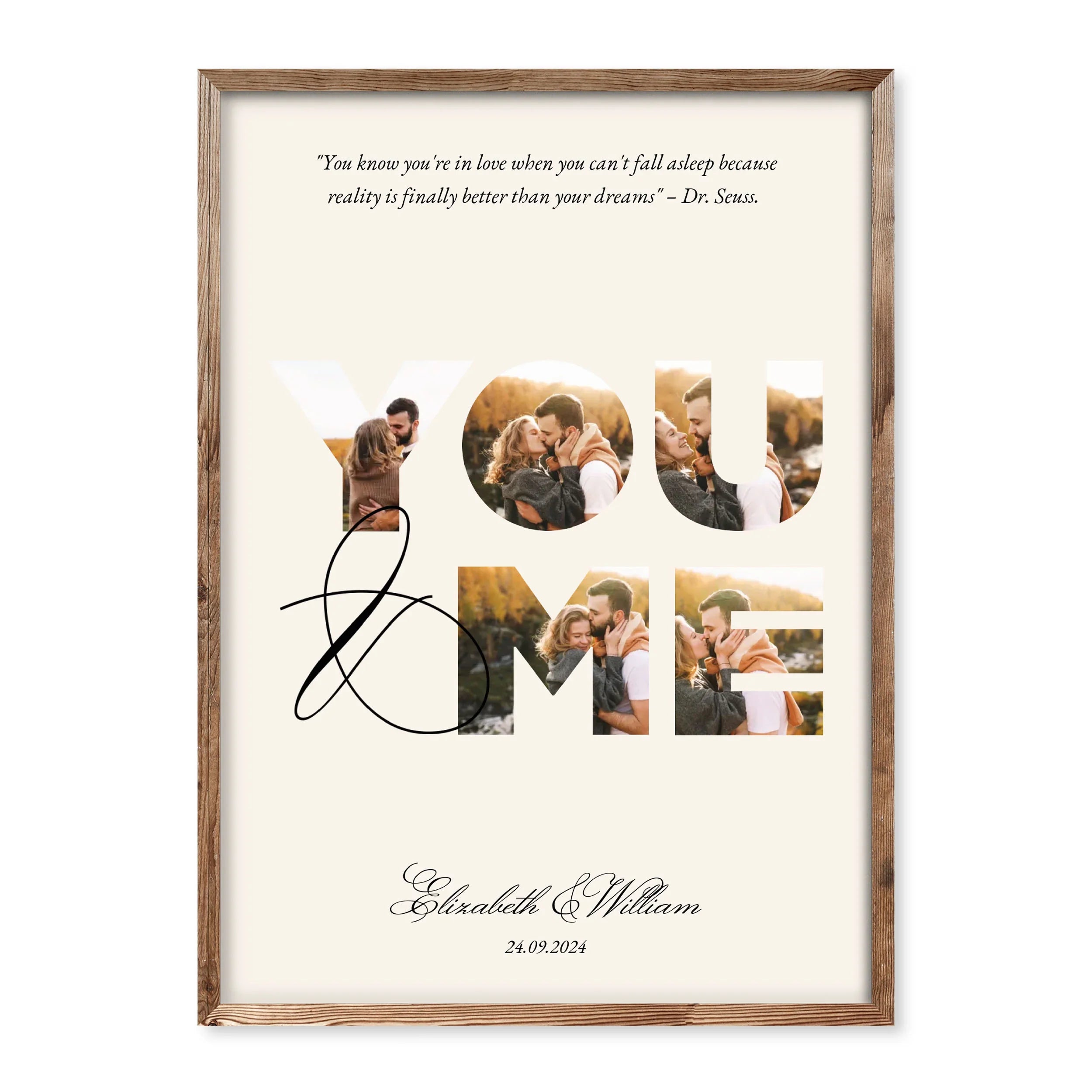 Personalised couple photo collage poster with “YOU & ME” letters filled with romantic pictures, custom names Elizabeth & William, and date.