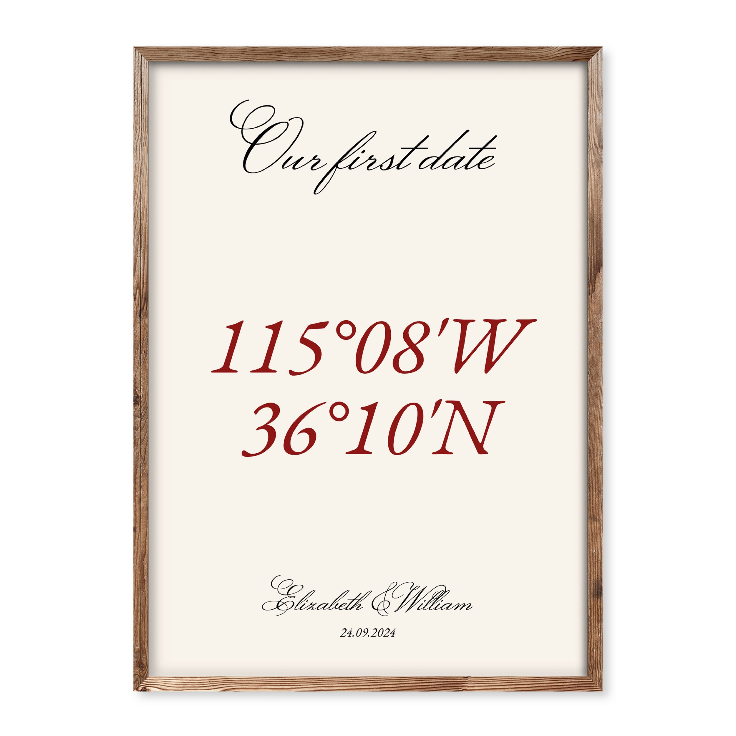 Minimalist coordinates poster with cream background, red geographical coordinates, and personalised names and date below.