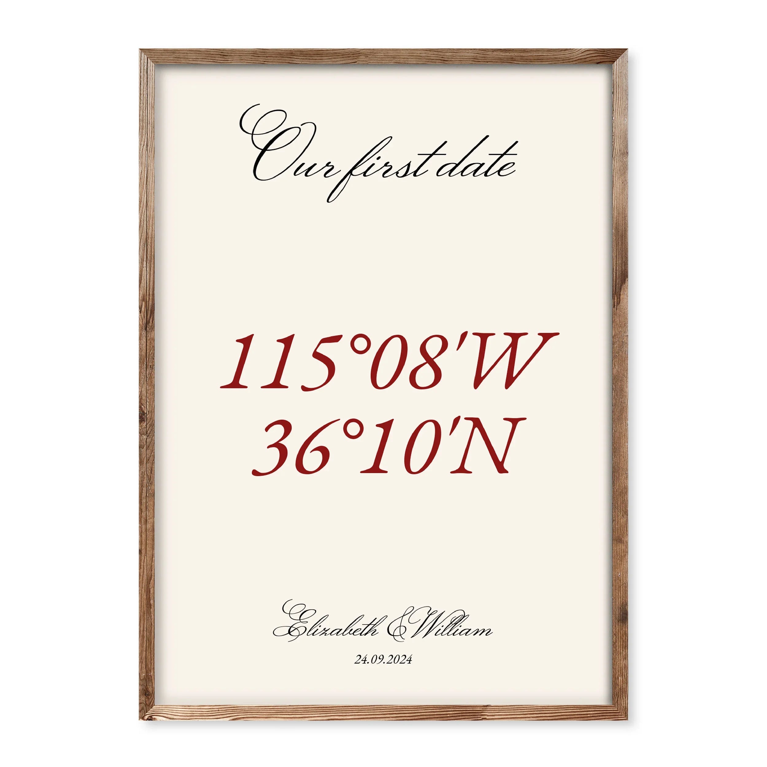 Minimalist coordinates poster with cream background, red geographical coordinates, and personalised names and date below.