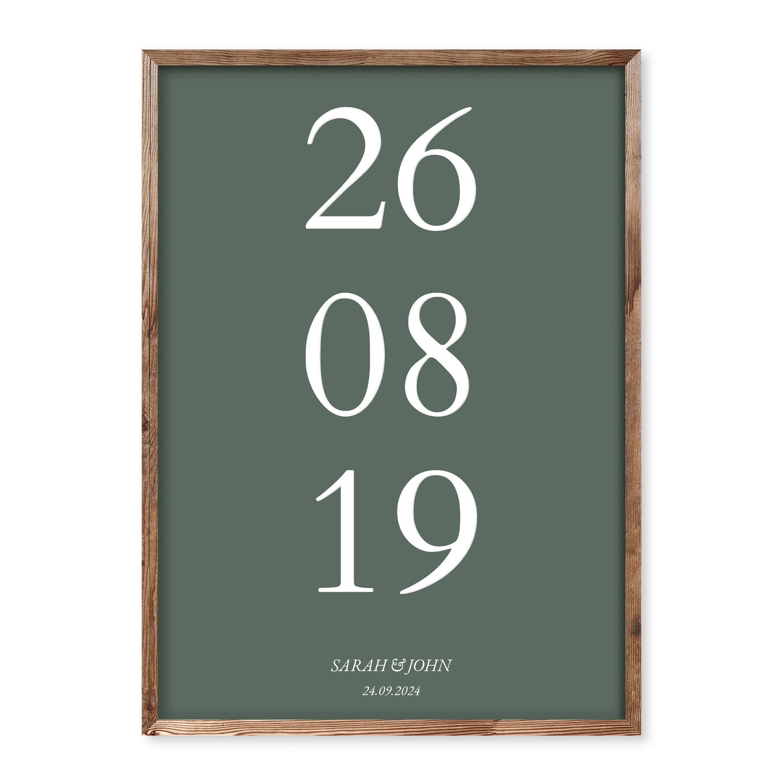 Minimalist poster with a large white date on a deep green background, personalised with names and a special date at the bottom.