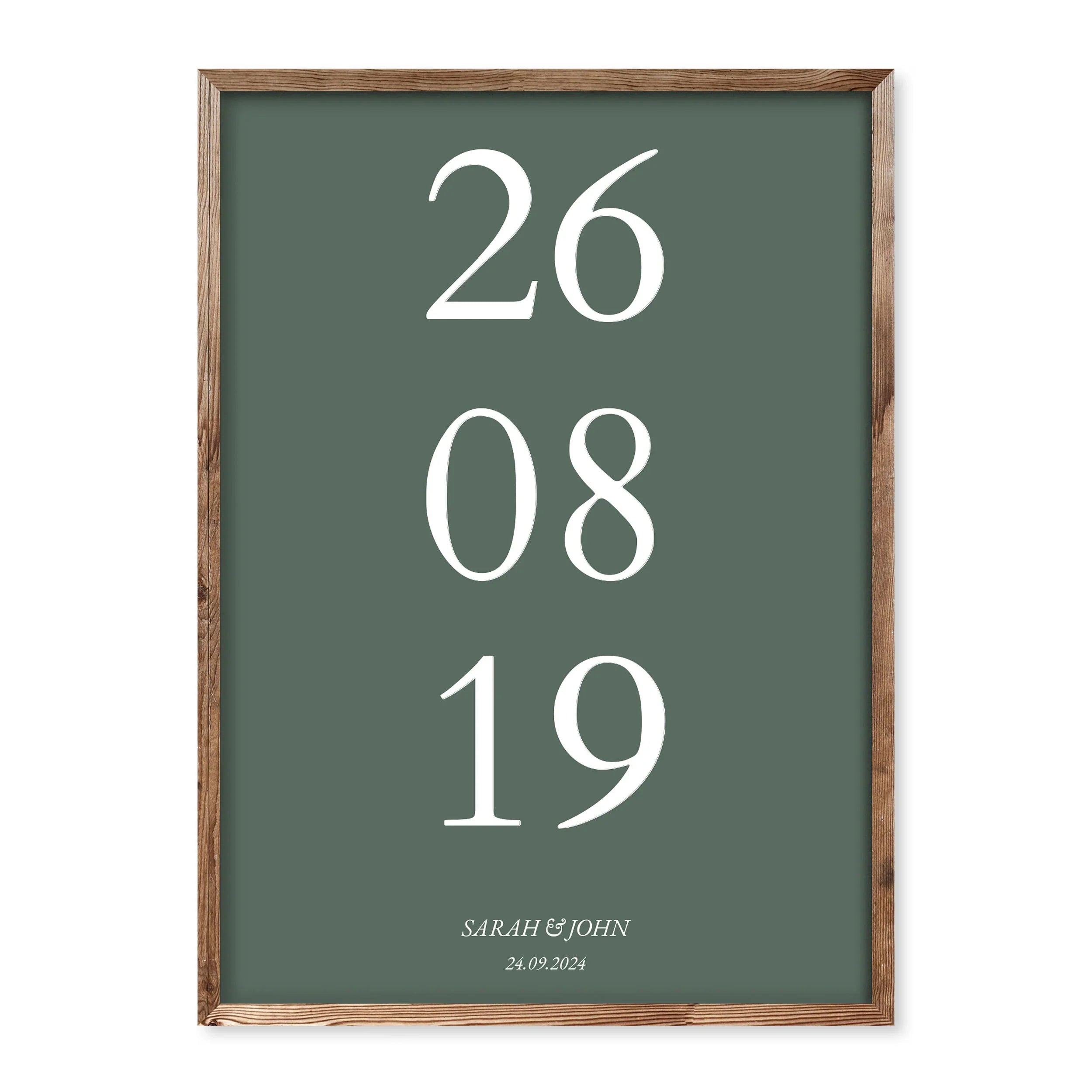 Minimalist poster with a large white date on a deep green background, personalised with names and a special date at the bottom.