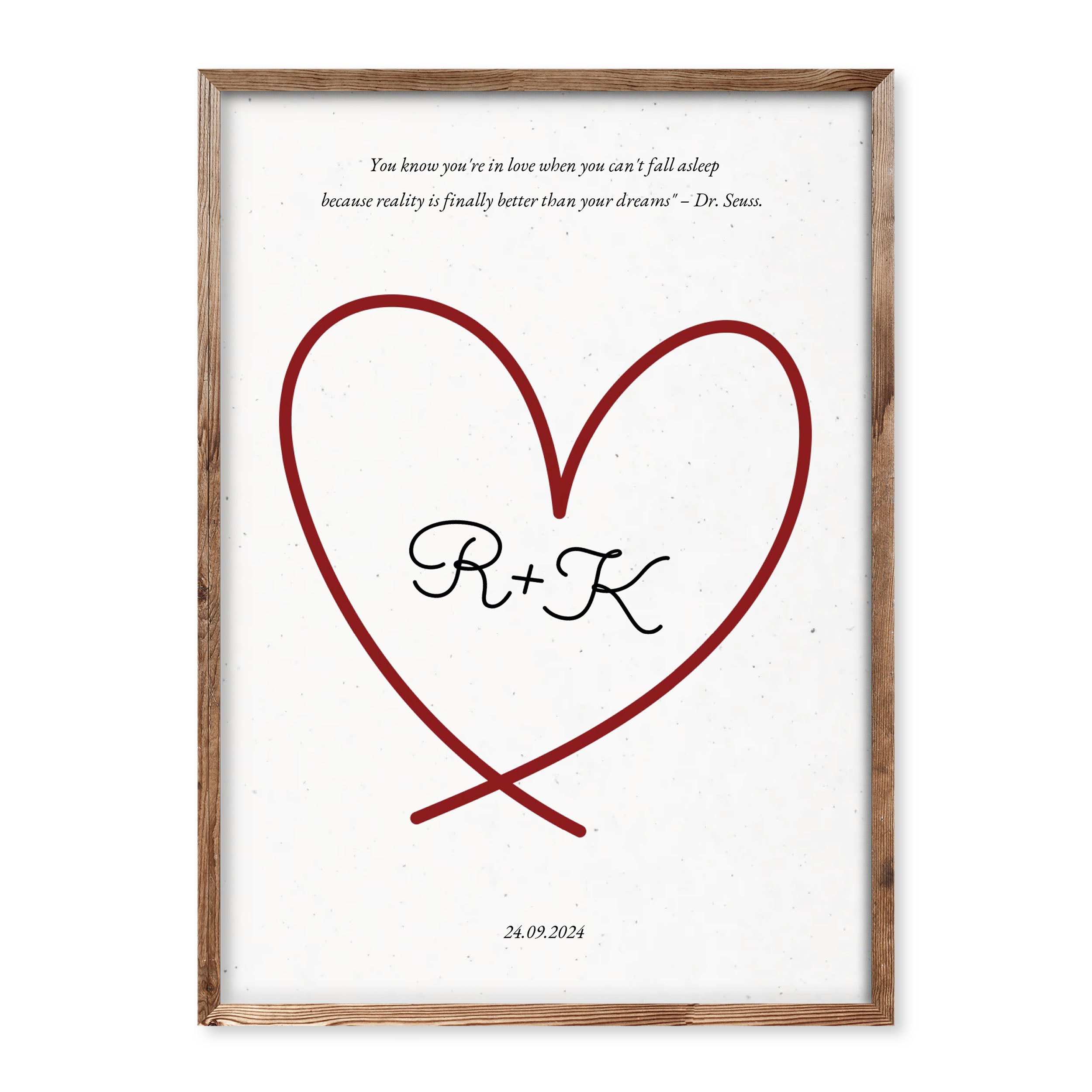 Minimalist personalised heart poster with red outline, initials R + K, custom date, and romantic quote.