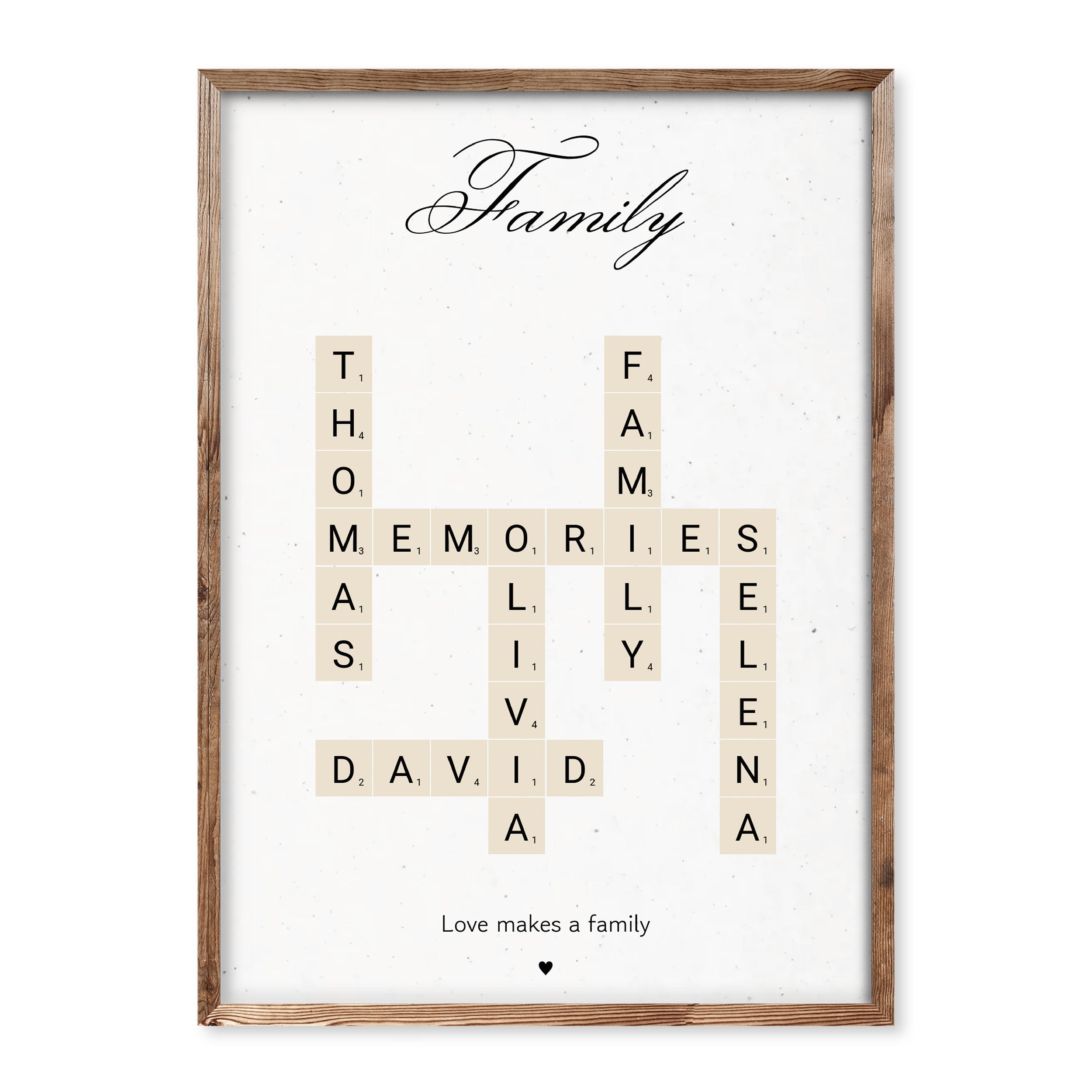 Custom beige Scrabble-style family poster with personalised names, words like “memories” and “love”, and the quote “Love makes a family”.