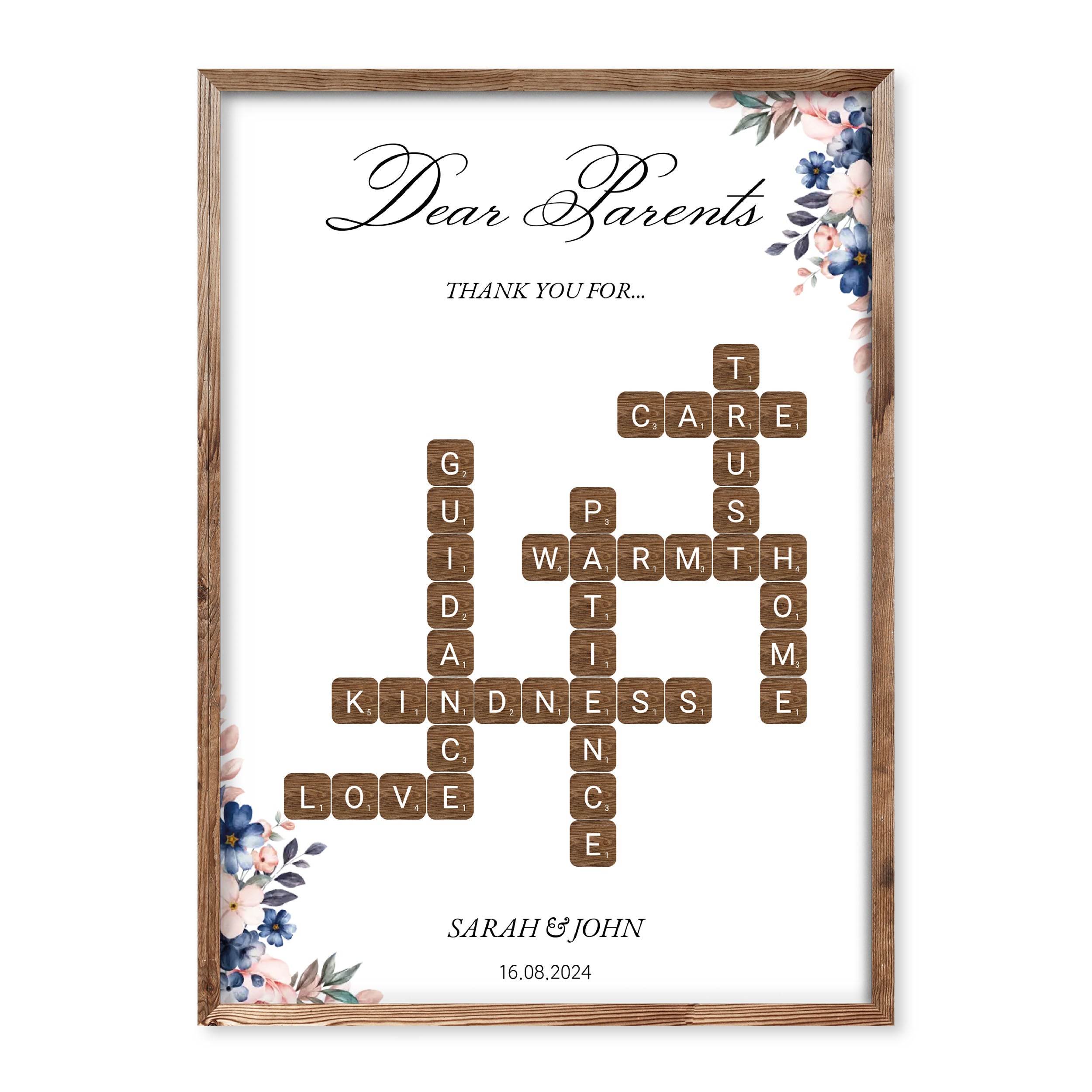 Personalised thank you poster for parents with wooden Scrabble tiles and floral accents, featuring words like kindness, love, trust, and warmth.