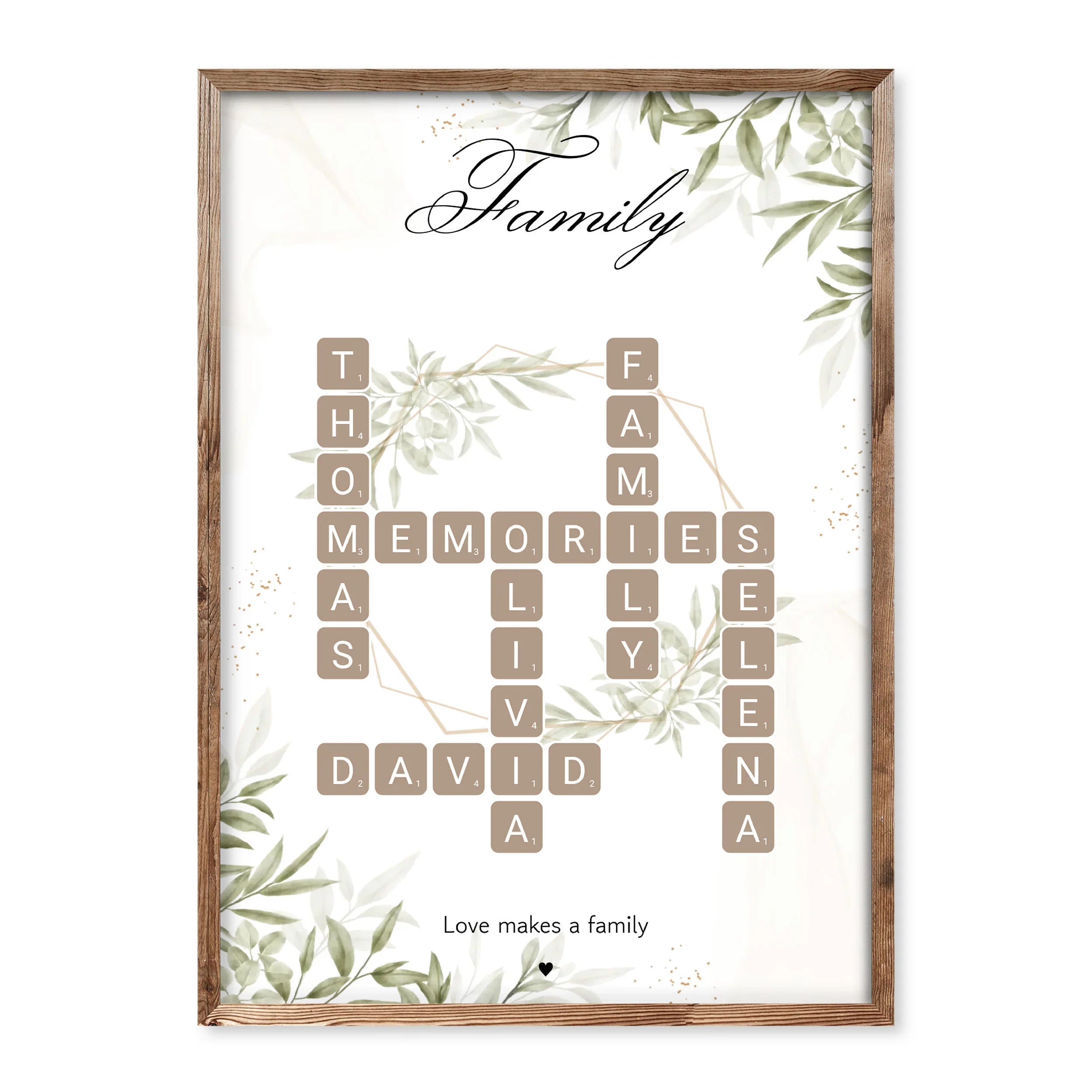Personalised family poster in Scrabble tile style with beige tiles and green botanical design, featuring names like Thomas, Olivia, David, and a heartwarming quote “Love makes a family.”
