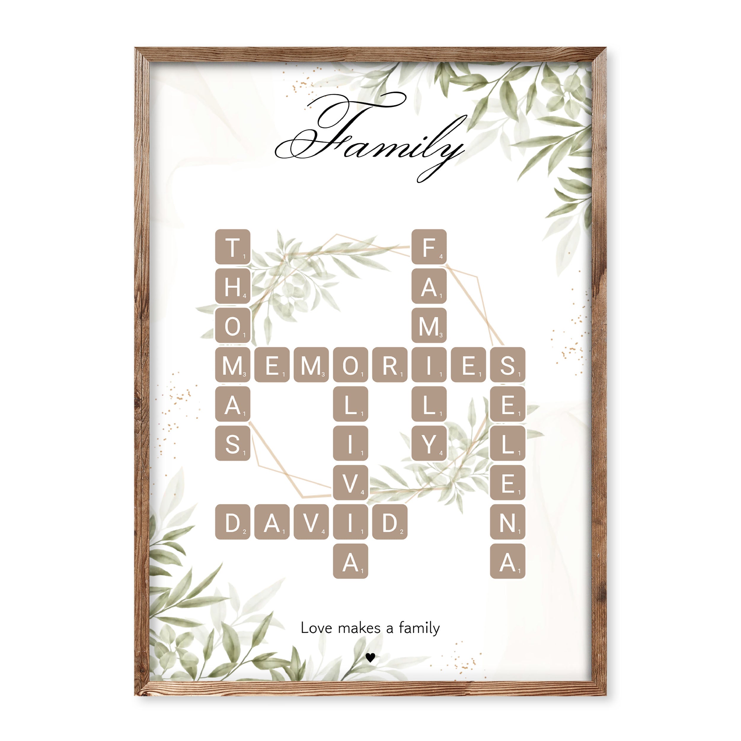 Personalised family poster in Scrabble tile style with beige tiles and green botanical design, featuring names like Thomas, Olivia, David, and a heartwarming quote “Love makes a family.”