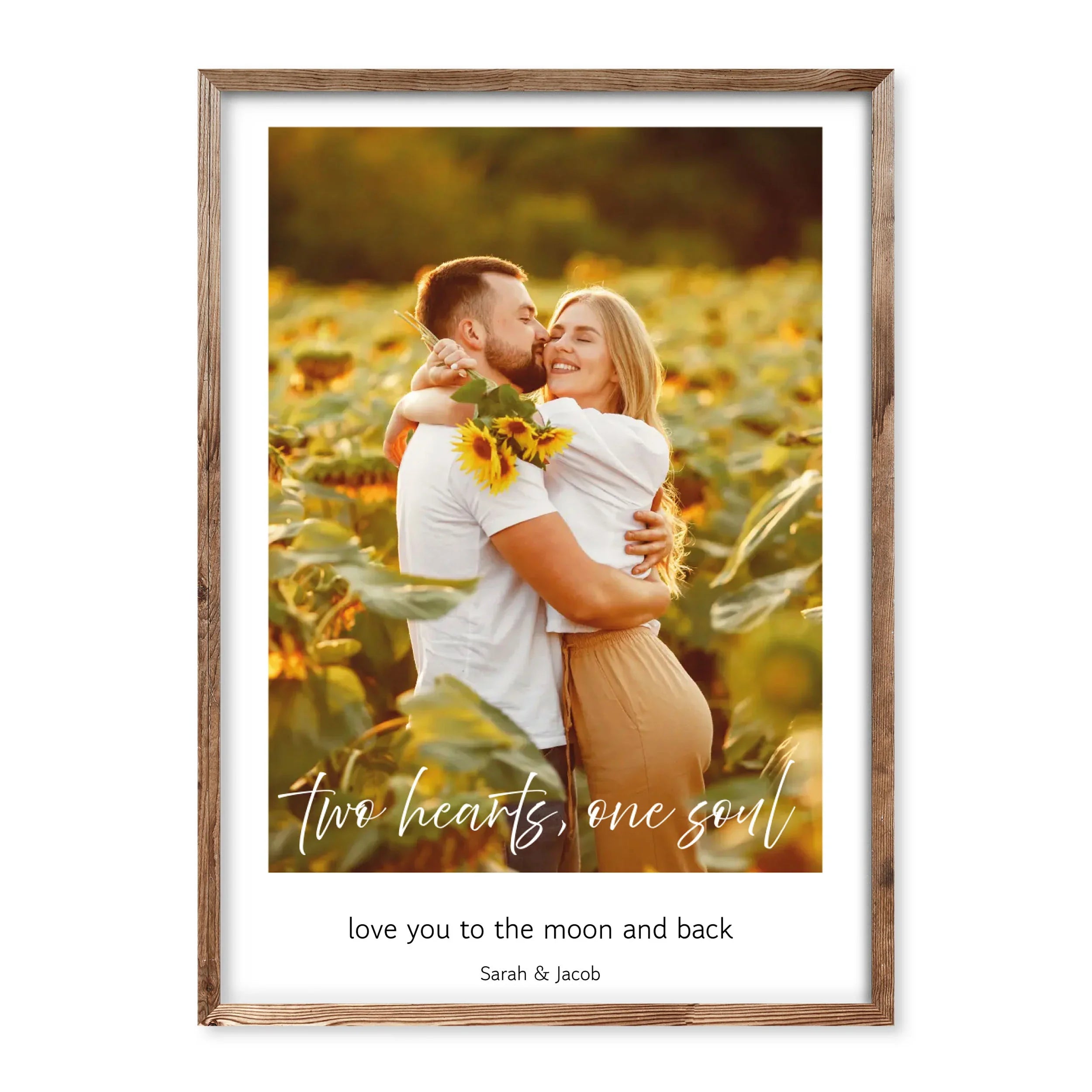 Personalised couple photo poster with sunflower field picture, romantic “two hearts one soul” text, and custom dedication Sarah & Jacob.