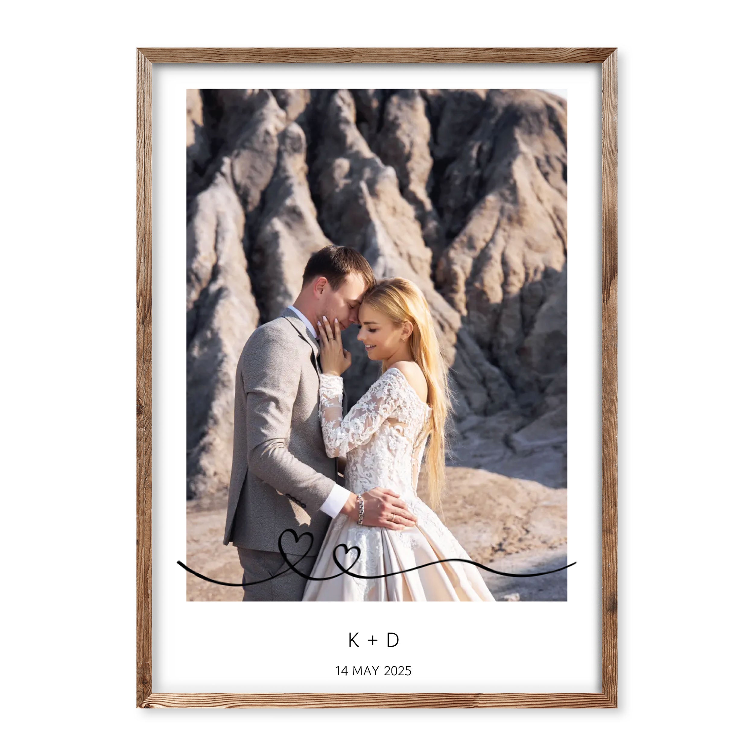 Personalised wedding photo poster with couple picture, initials K + D, date 14 May 2025, and minimalist two hearts design.