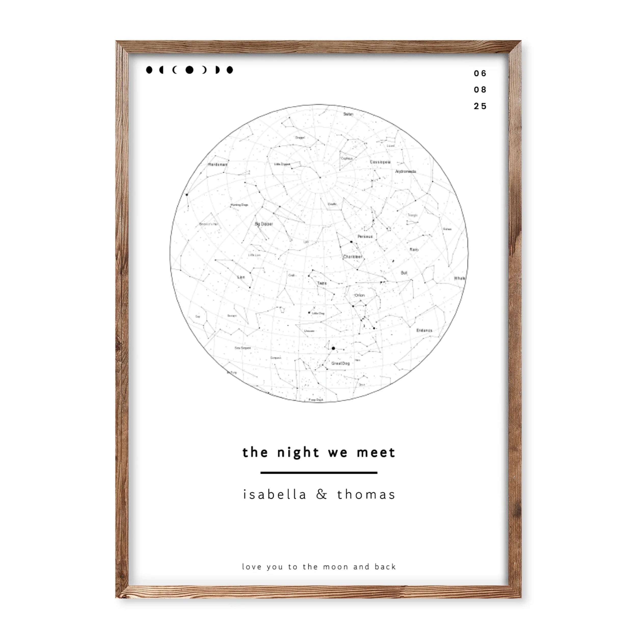 Minimal white personalised star map poster with names, date and custom message – elegant custom print showing night sky constellations