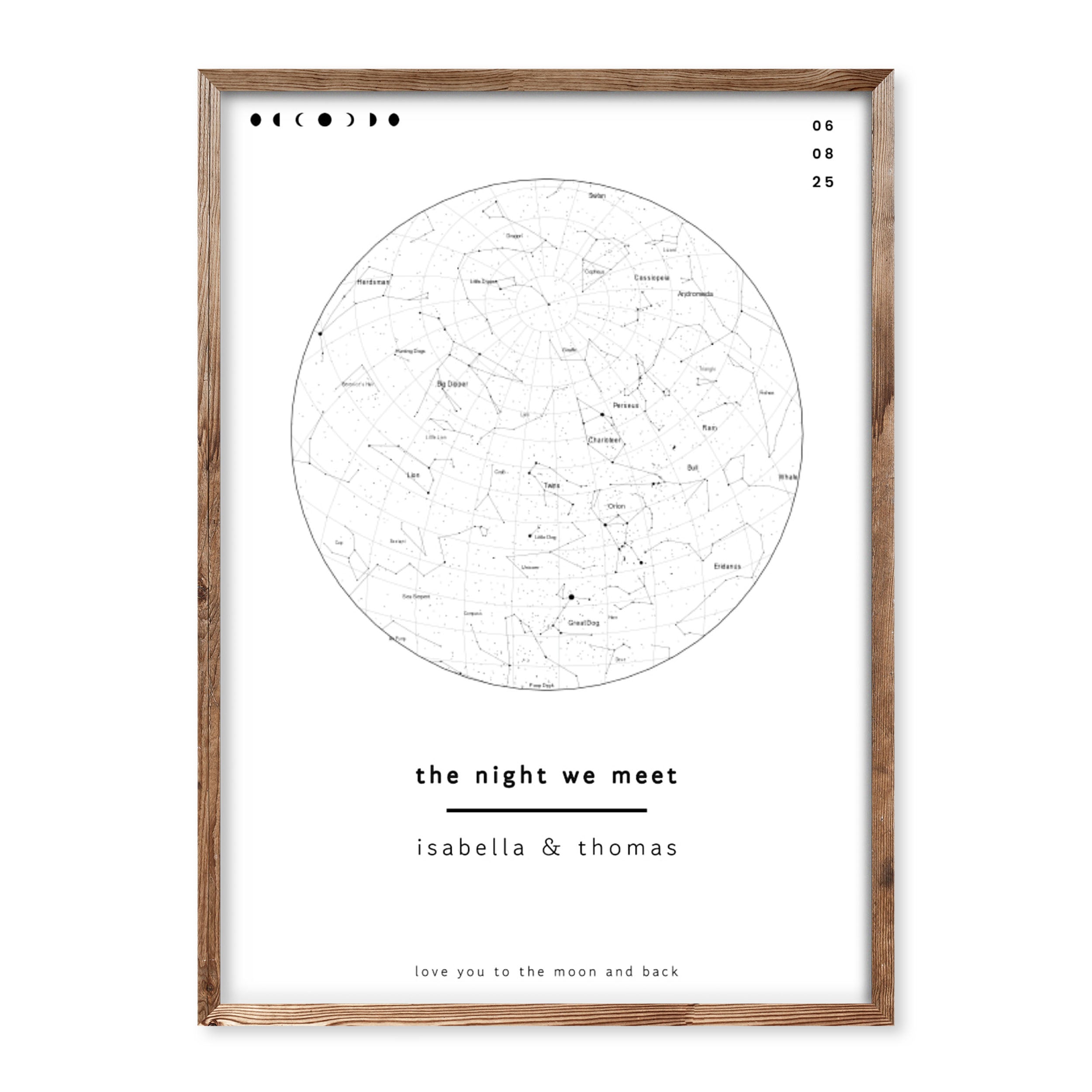 Minimal white personalised star map poster with names, date and custom message – elegant custom print showing night sky constellations