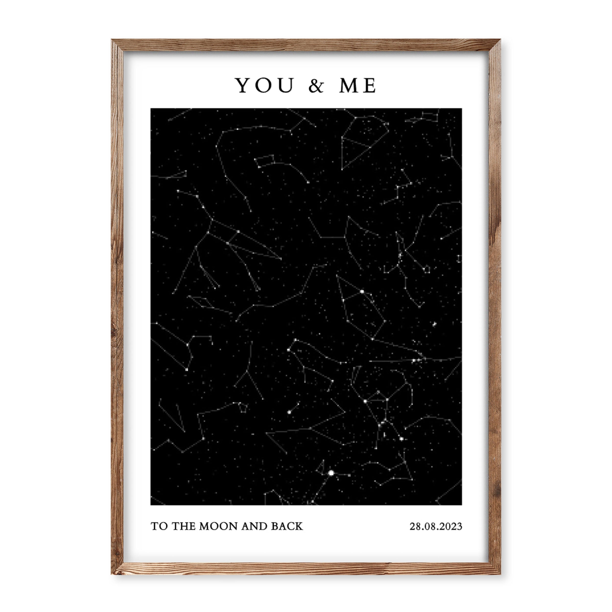 Minimal star map print with black night sky, constellations and white background – personalised with custom text and date