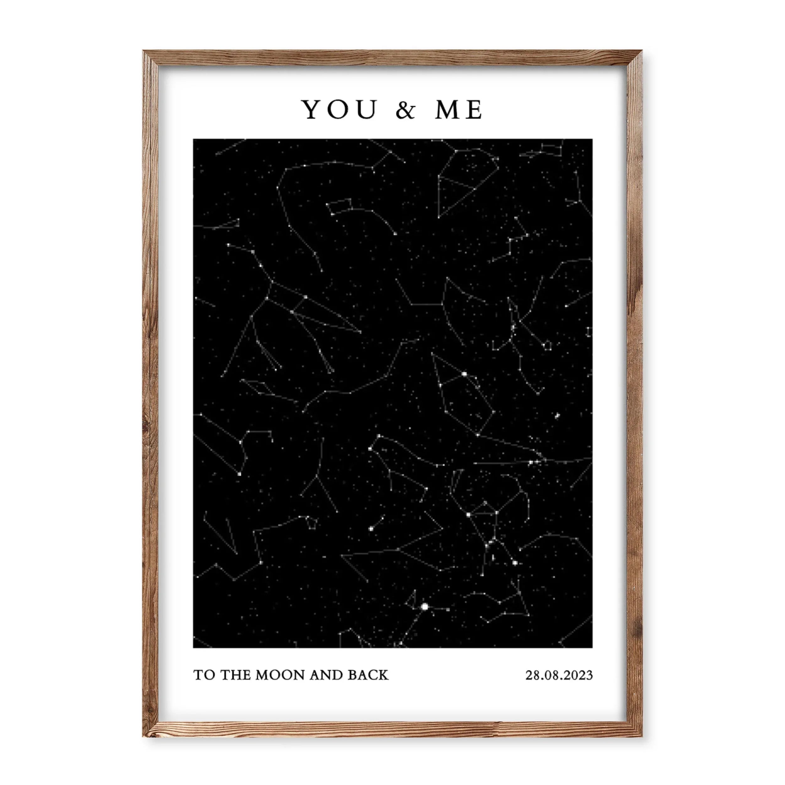 Minimal star map print with black night sky, constellations and white background – personalised with custom text and date