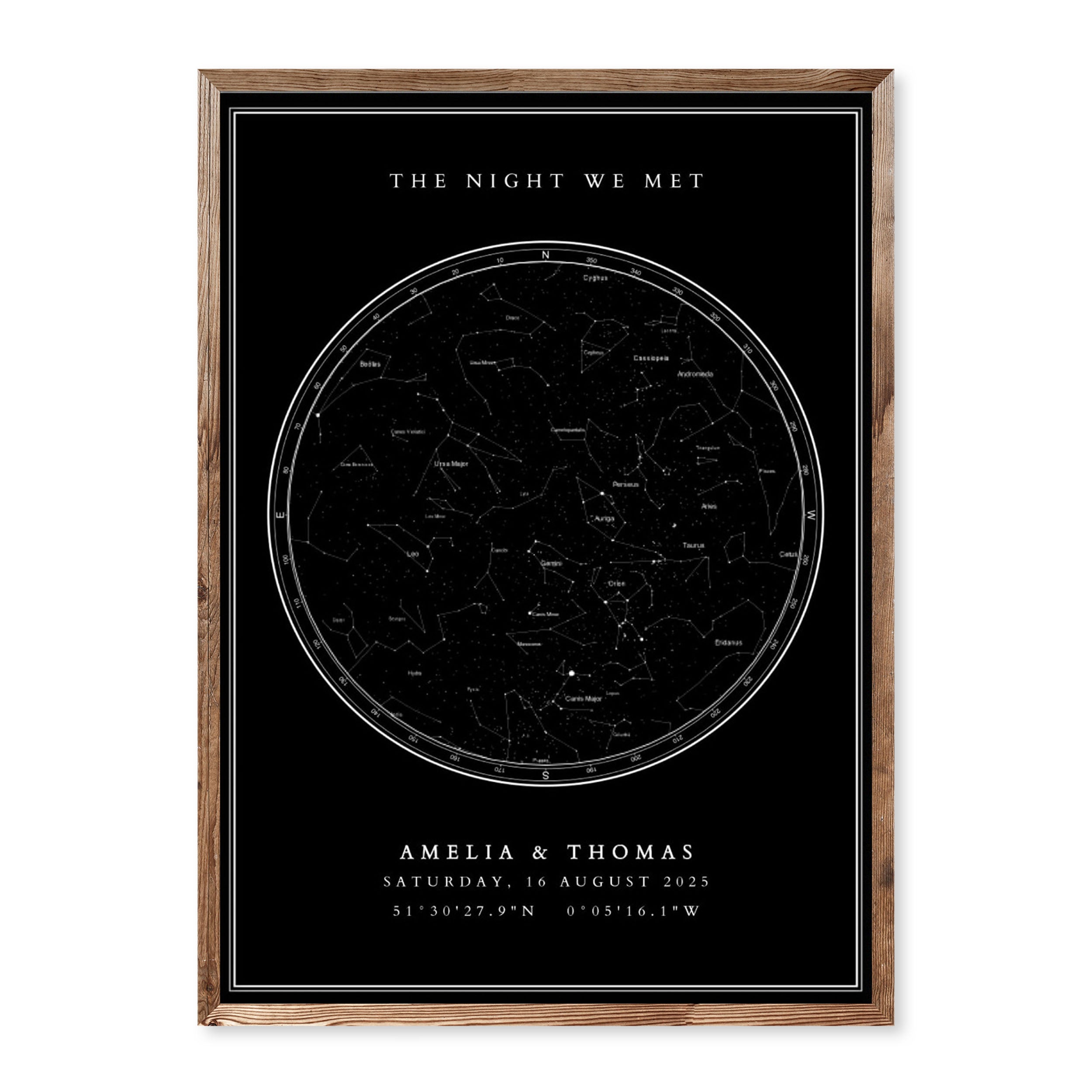 Personalised black star map poster with coordinates and constellation chart – custom names and date included