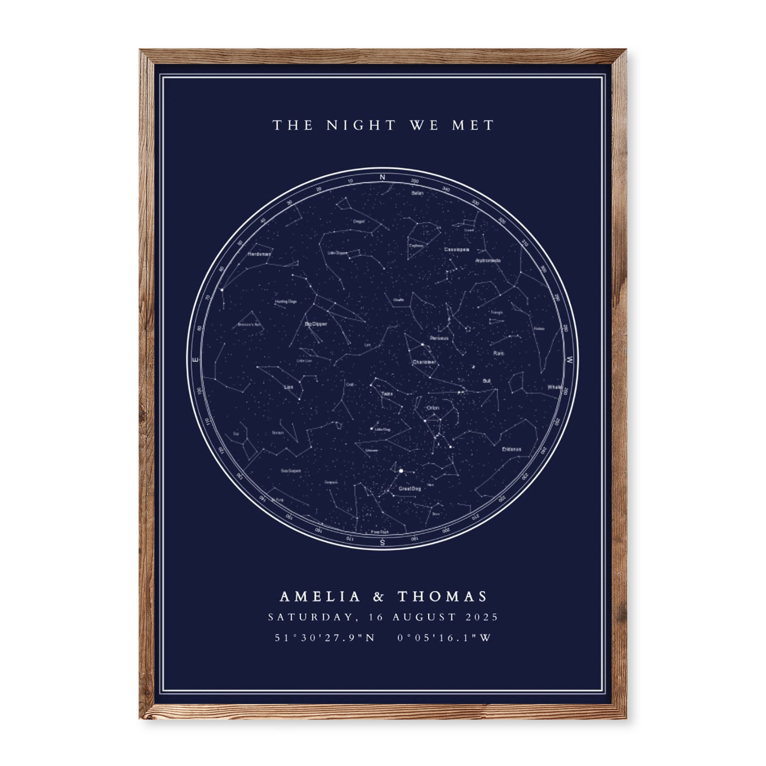Navy blue custom star map print showing the night sky with coordinates, names and date – personalised wall art for couples