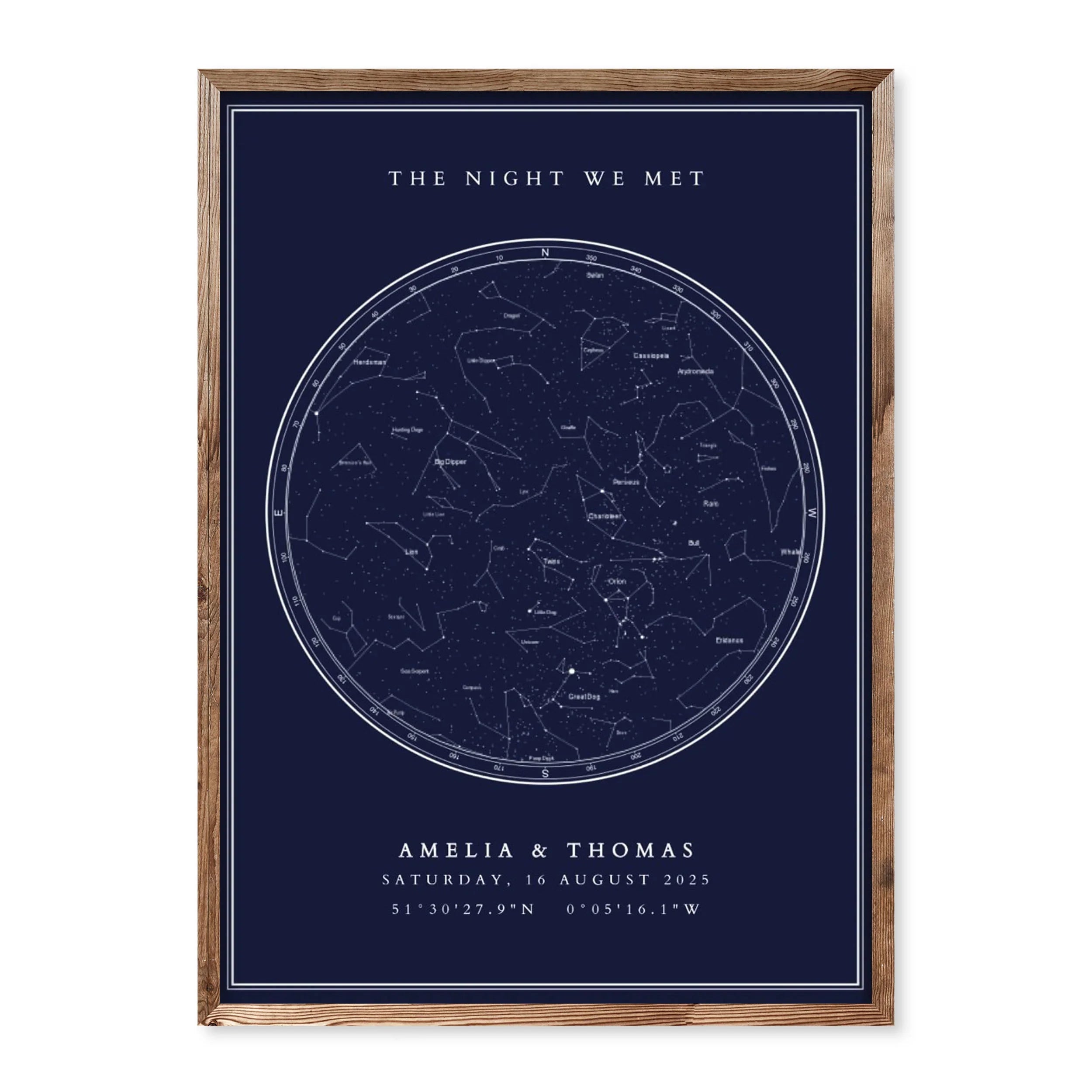 Navy blue custom star map print showing the night sky with coordinates, names and date – personalised wall art for couples