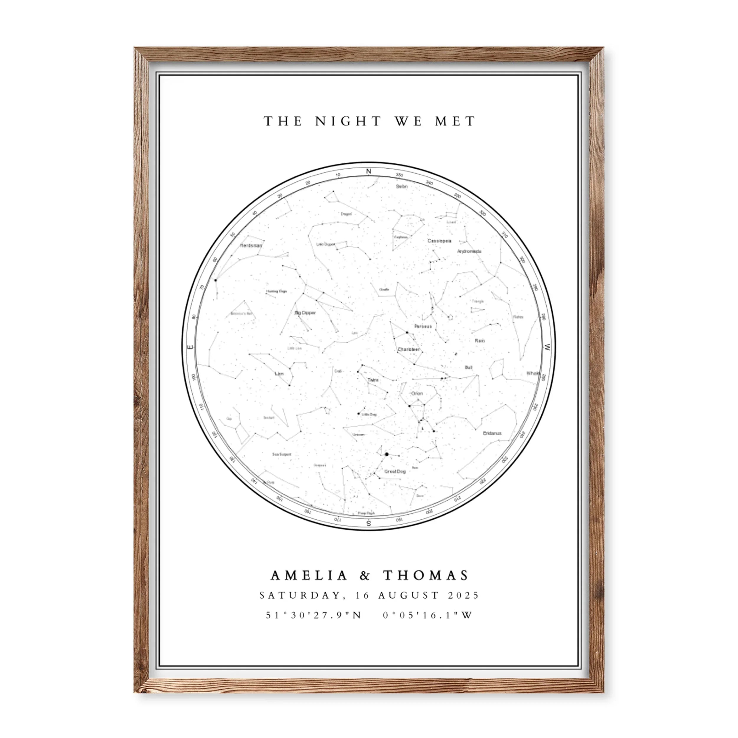 Minimal white star map print personalised with names, date and coordinates – modern wall art showing the night sky