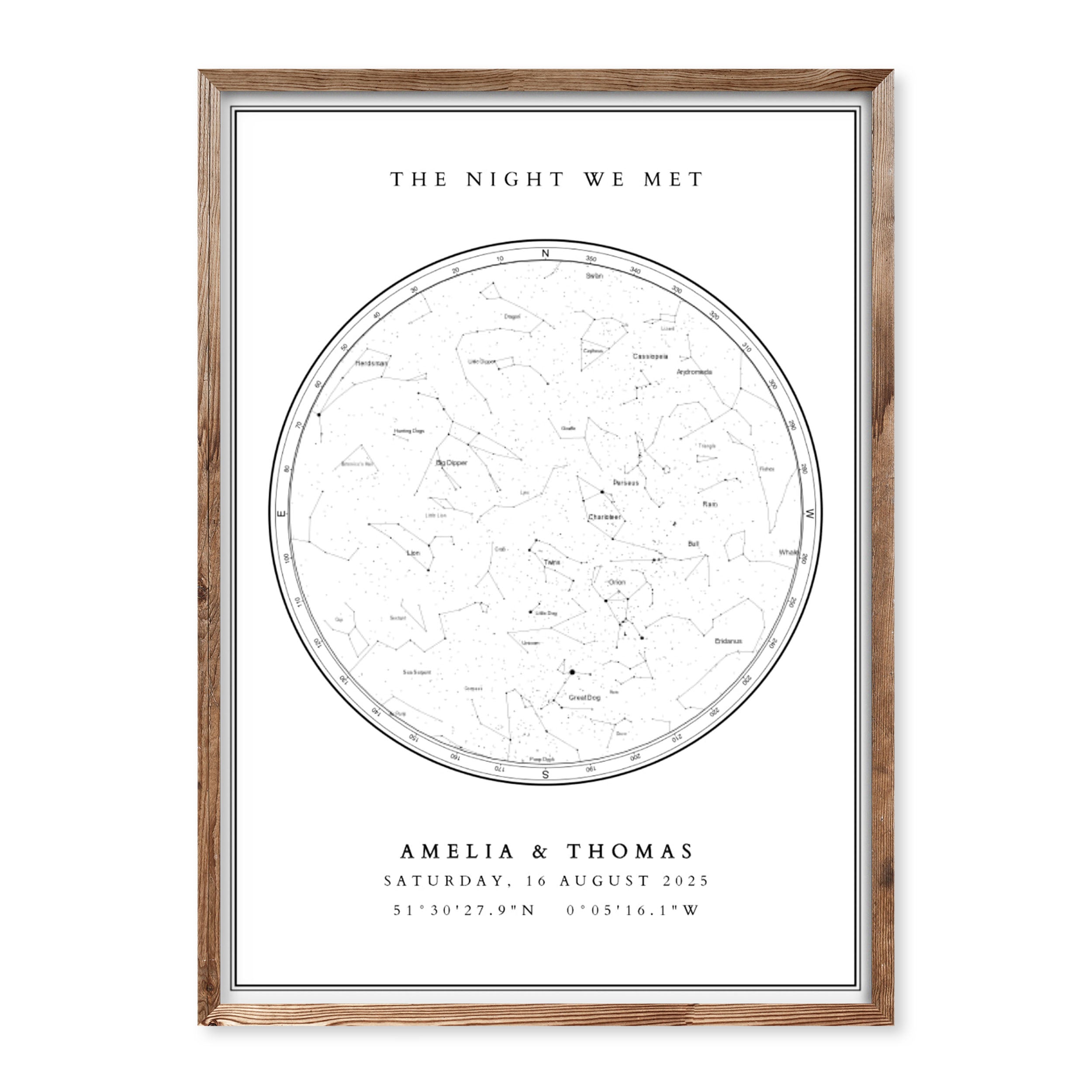Minimal white star map print personalised with names, date and coordinates – modern wall art showing the night sky