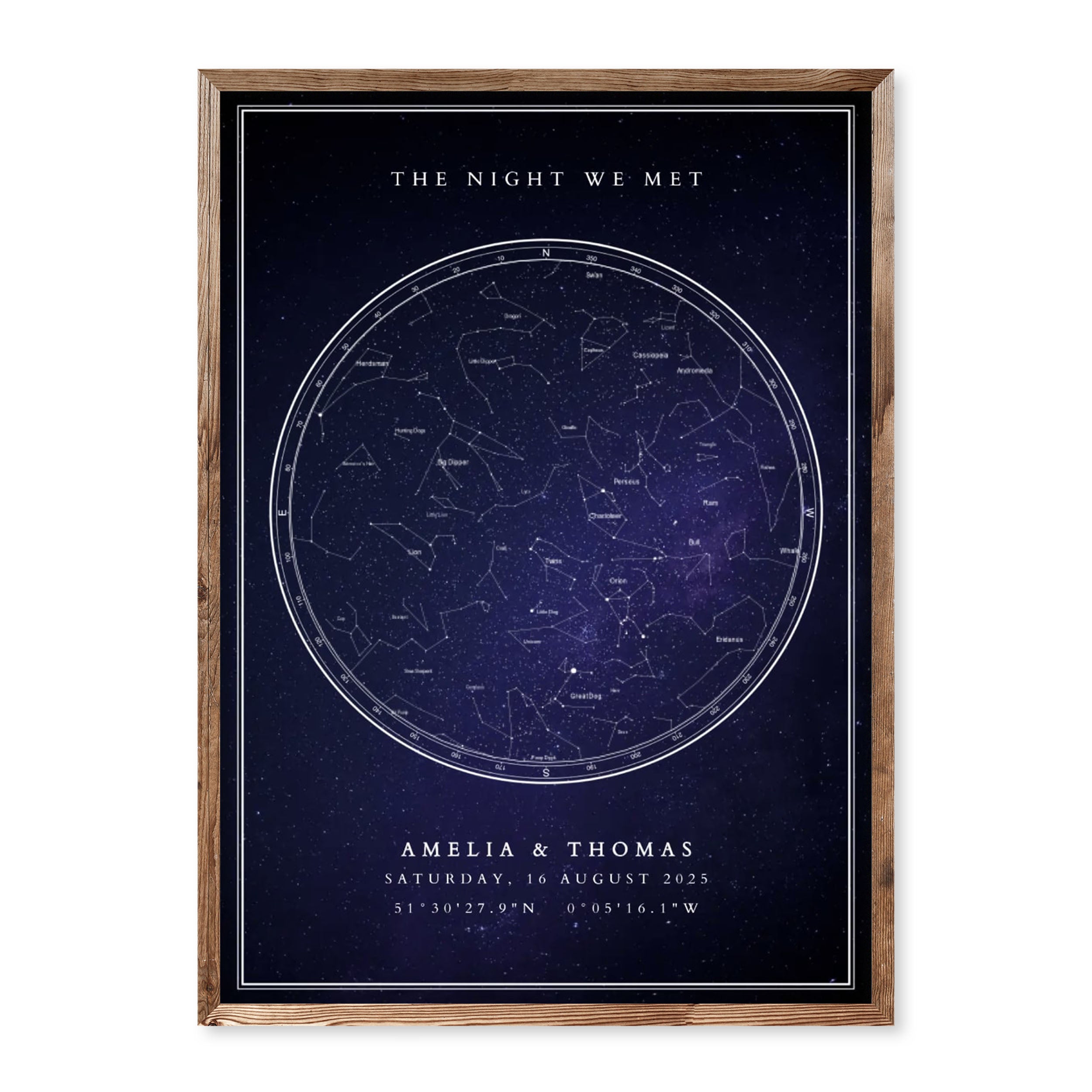 Custom deep blue star map print with constellations, names, and date – romantic personalised poster for couples