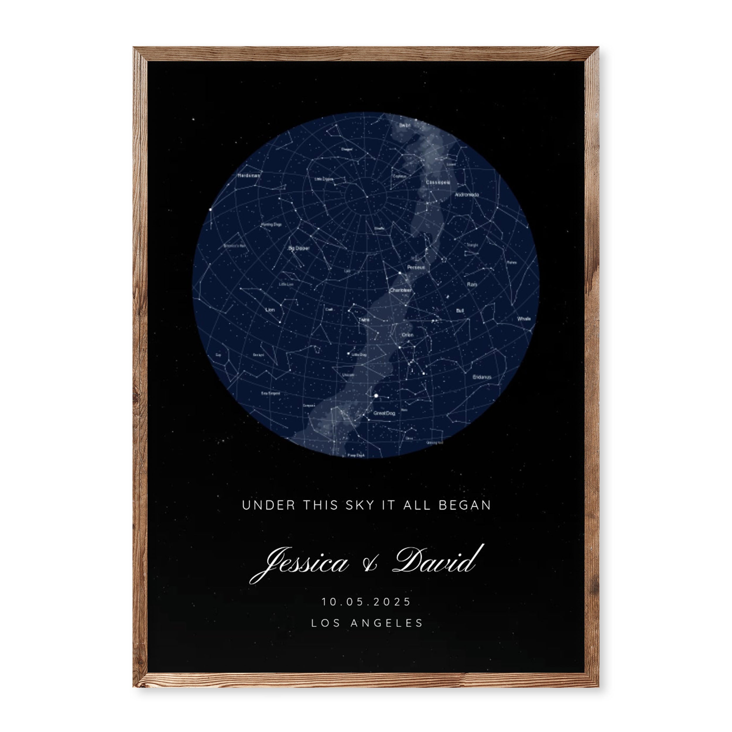 Custom star map poster with night sky constellations, personalised names, date, and location. Elegant dark background with celestial details.