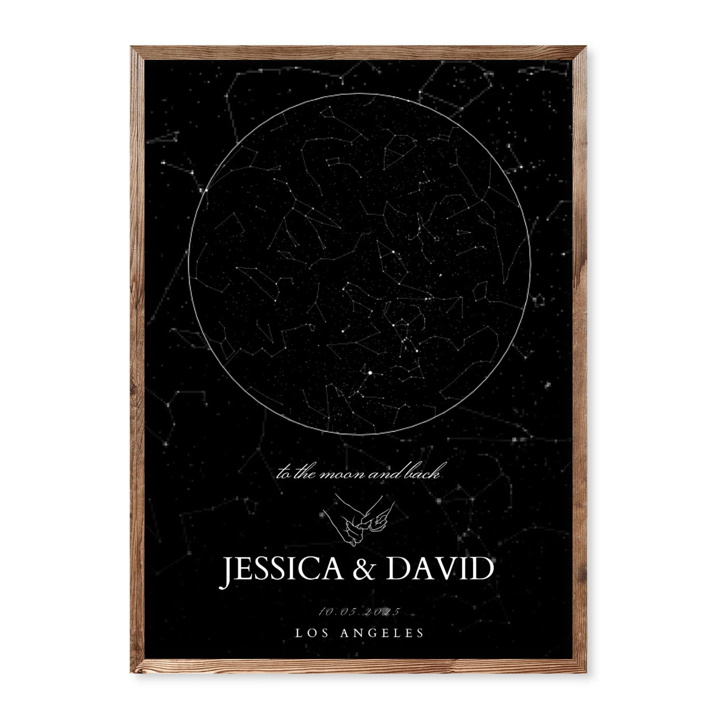 Romantic custom star map print with constellations on black background, personalised with names, date, and location. Quote: “To the moon and back.”