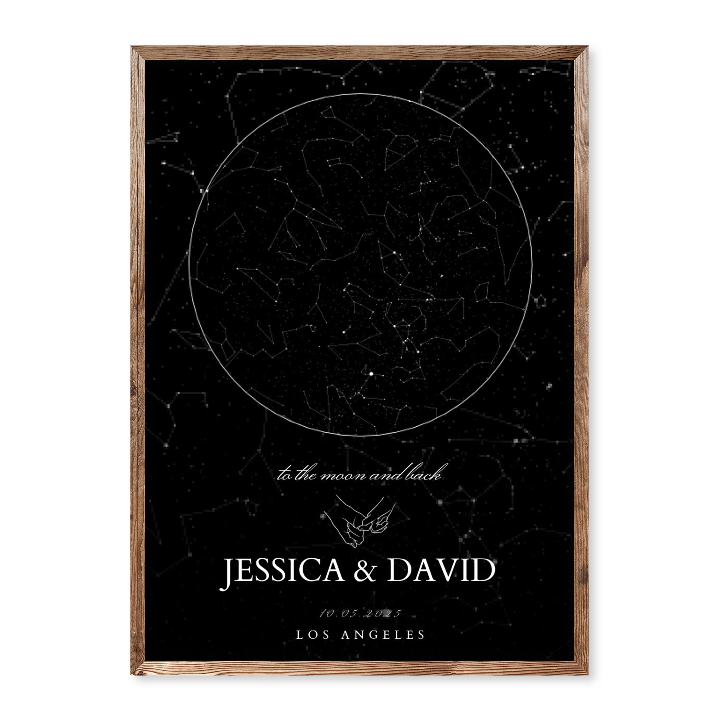 Romantic custom star map print with constellations on black background, personalised with names, date, and location. Quote: “To the moon and back.”