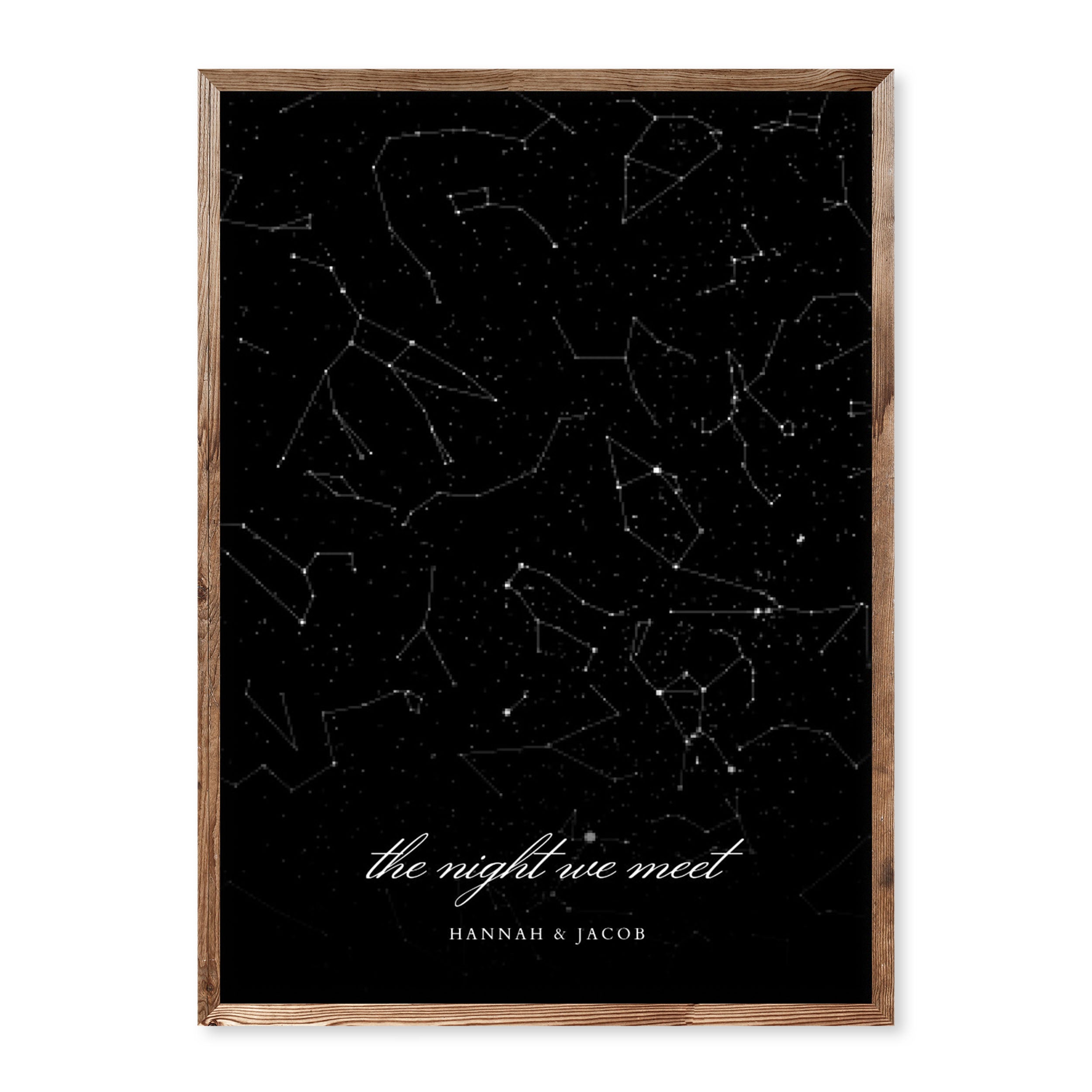 Minimalist black custom star map showing constellations with names and custom message “the night we meet” in white script font.