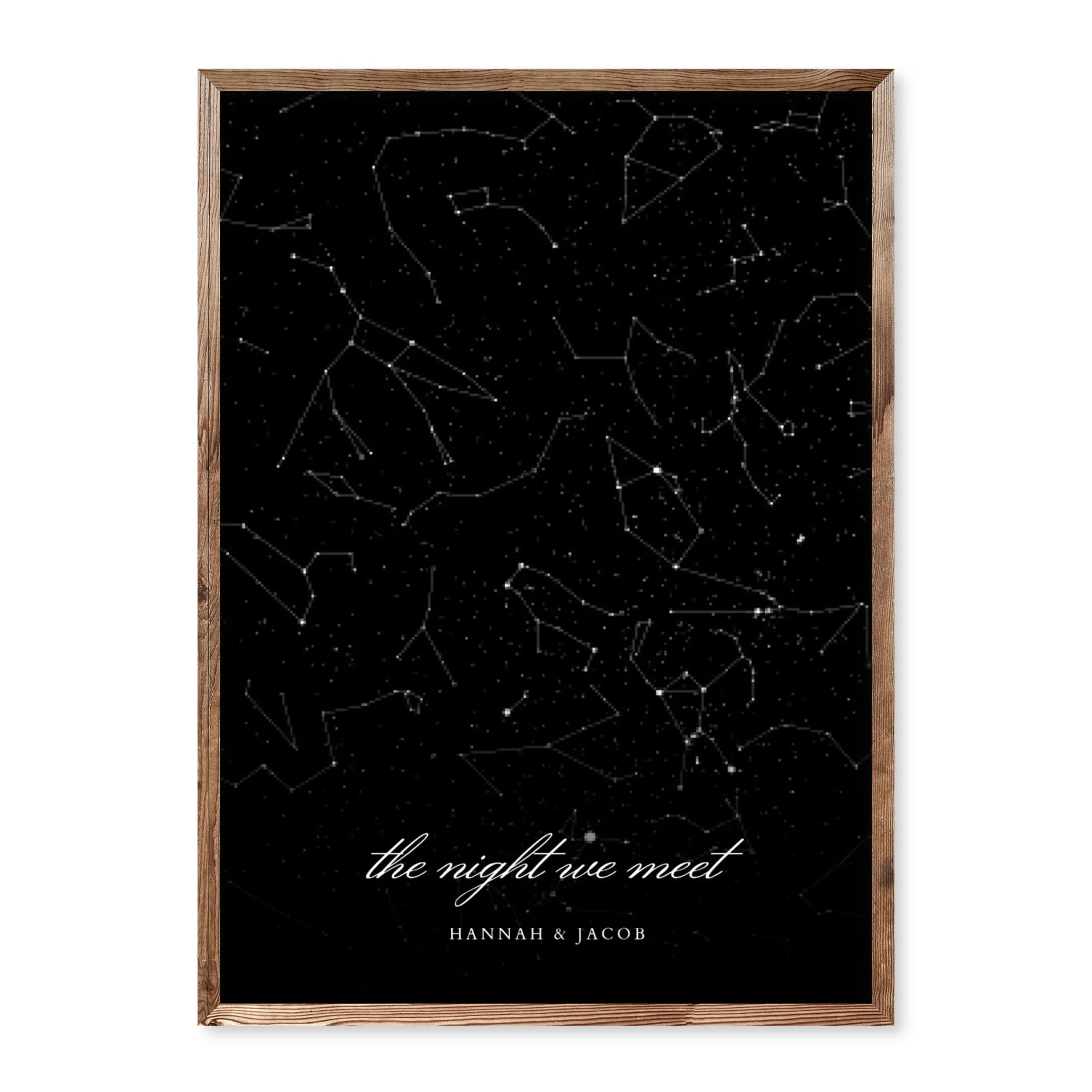 Minimalist black custom star map showing constellations with names and custom message “the night we meet” in white script font.