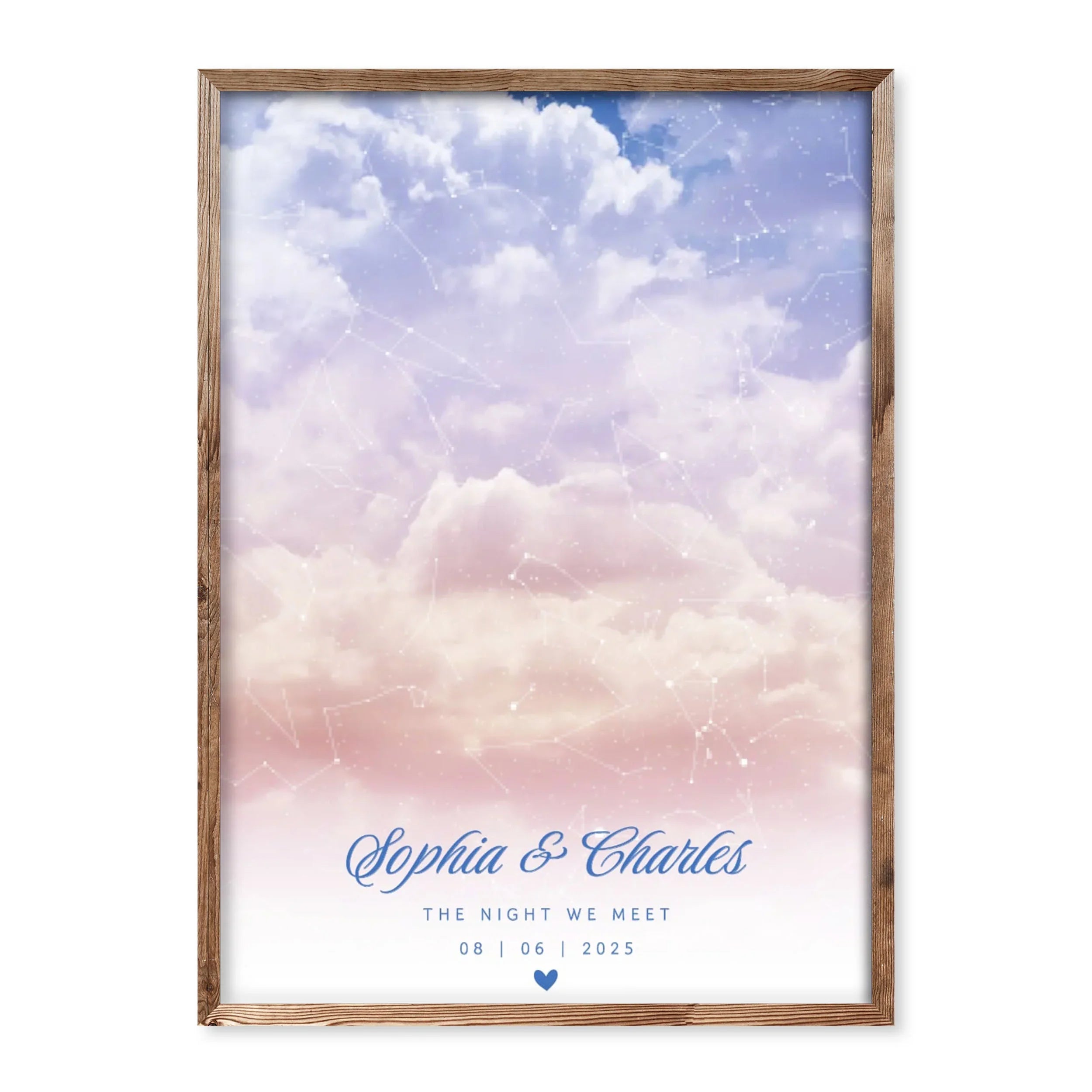 Custom star map poster with pastel clouds and constellations, personalised with names, date, and message “The night we meet.”