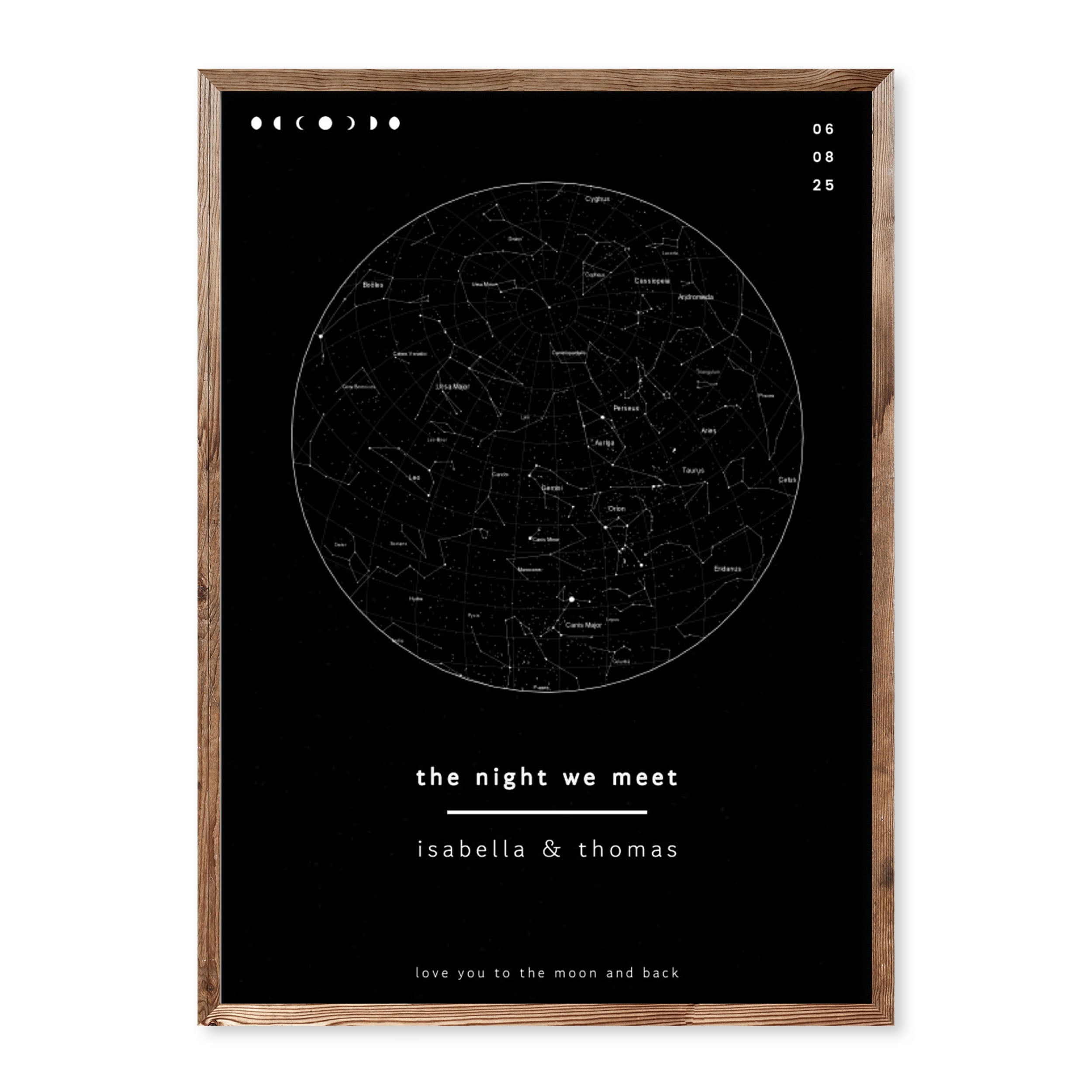 Custom minimalist star map print with moon phases, names, and the phrase “the night we meet” on a black background.