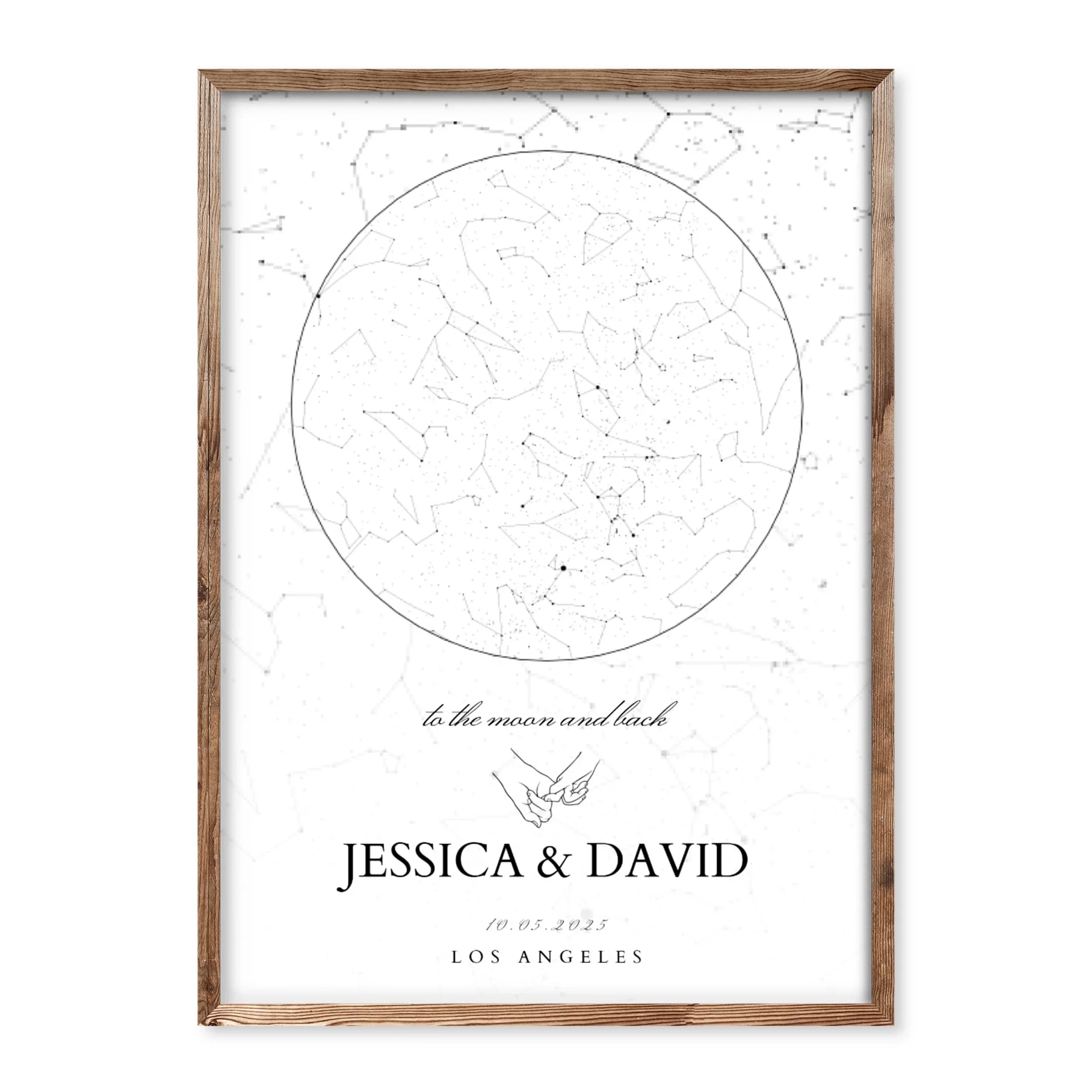 Minimalist white personalised star map print with constellations, names, date, and location. Features quote “To the moon and back” and linked hands illustration.
