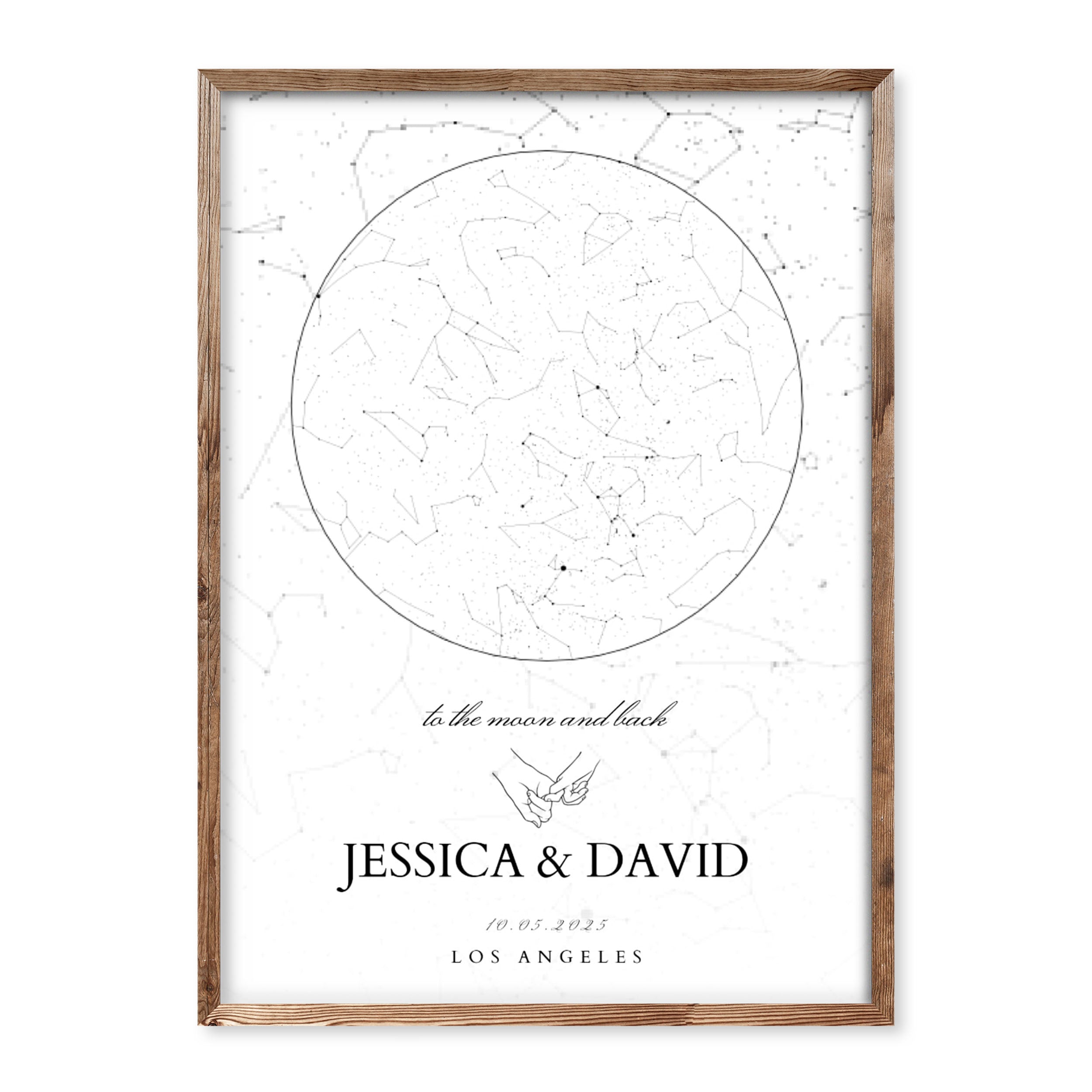 Minimalist white personalised star map print with constellations, names, date, and location. Features quote “To the moon and back” and linked hands illustration.