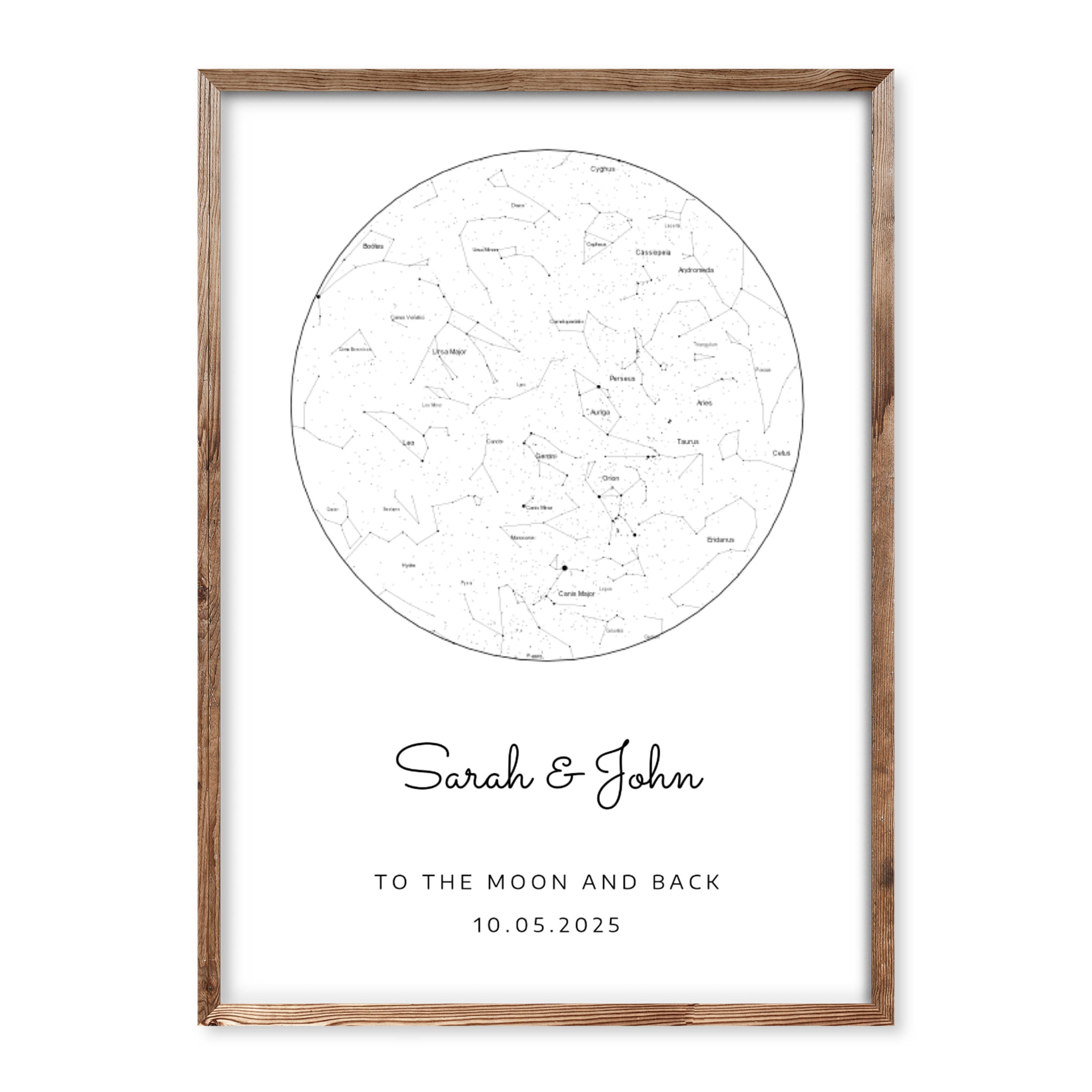 Personalised white star map print with black constellations, featuring names, date, and custom message in minimalist design.