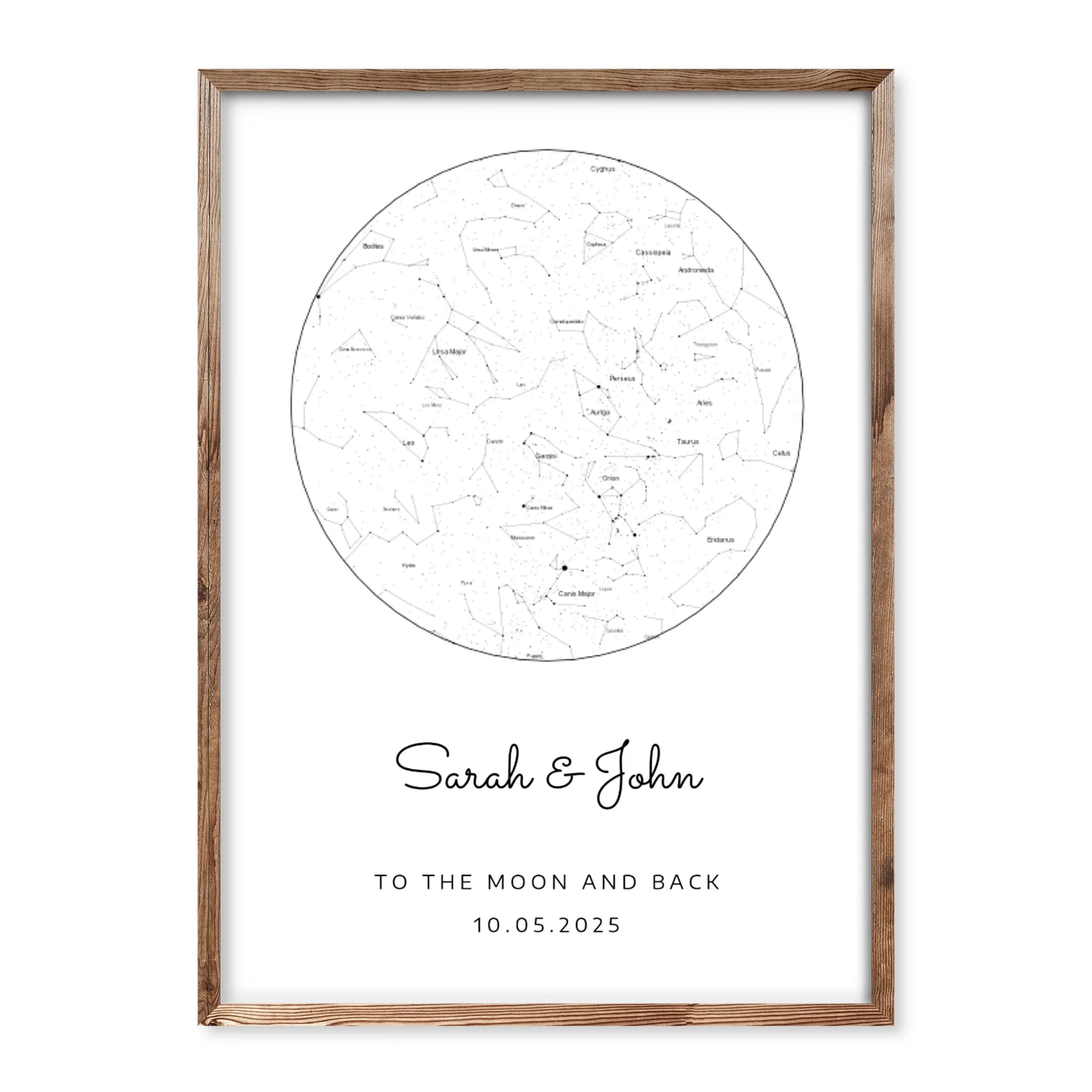 Personalised white star map print with black constellations, featuring names, date, and custom message in minimalist design.