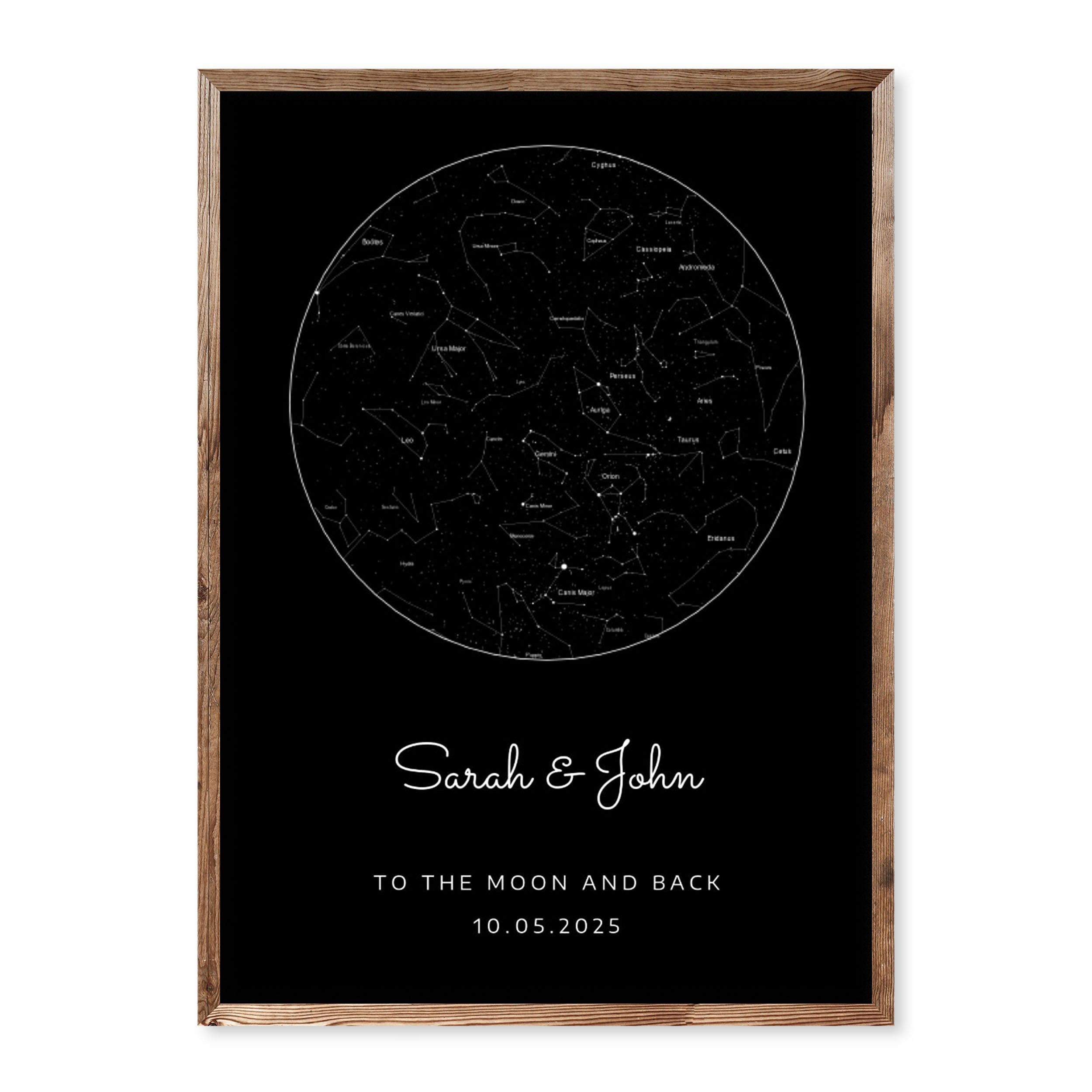 Minimalist custom star map poster with black background and white constellations, personalised with names and date.