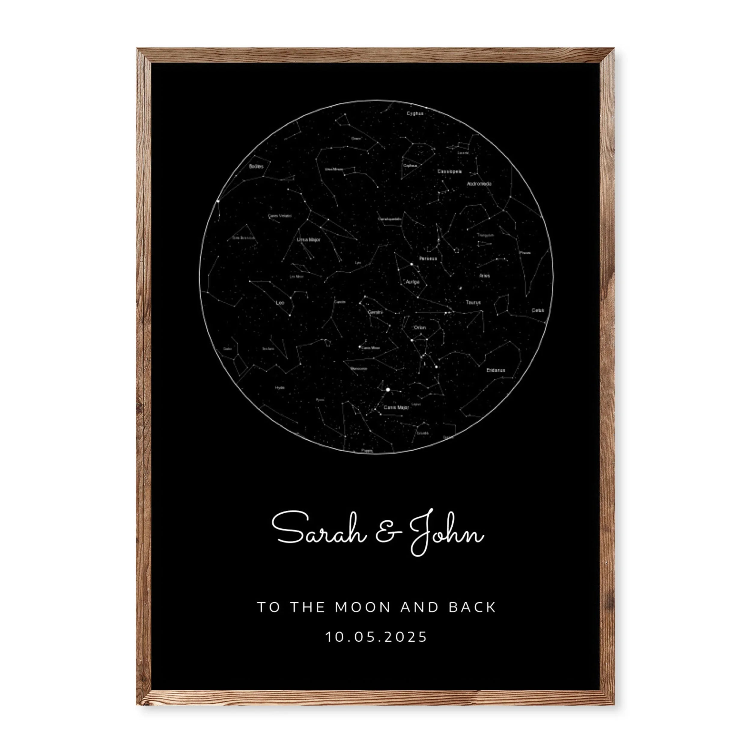Minimalist custom star map poster with black background and white constellations, personalised with names and date.