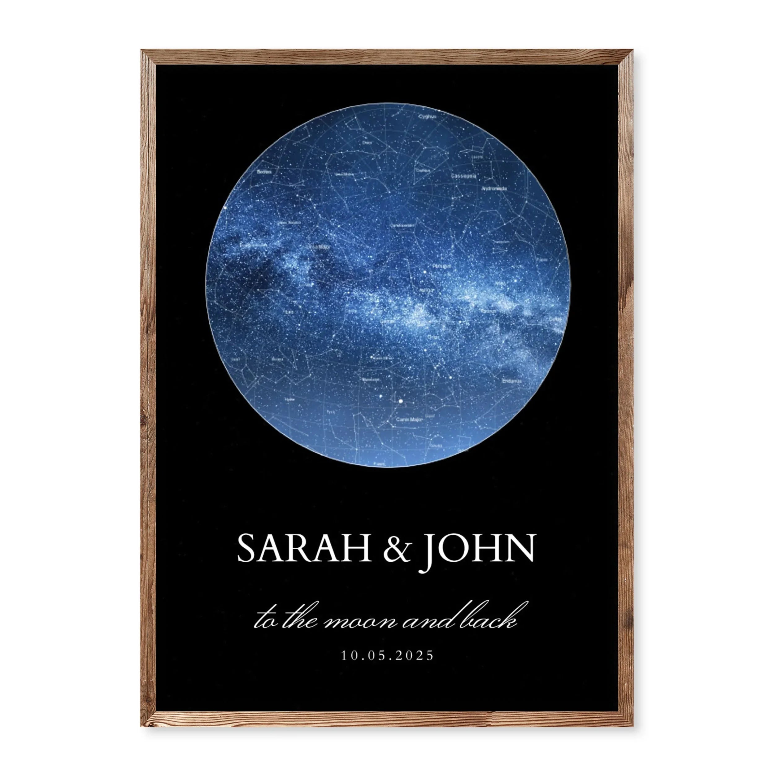 Personalised night sky poster with deep blue Milky Way star map, names, quote, and date on black background.