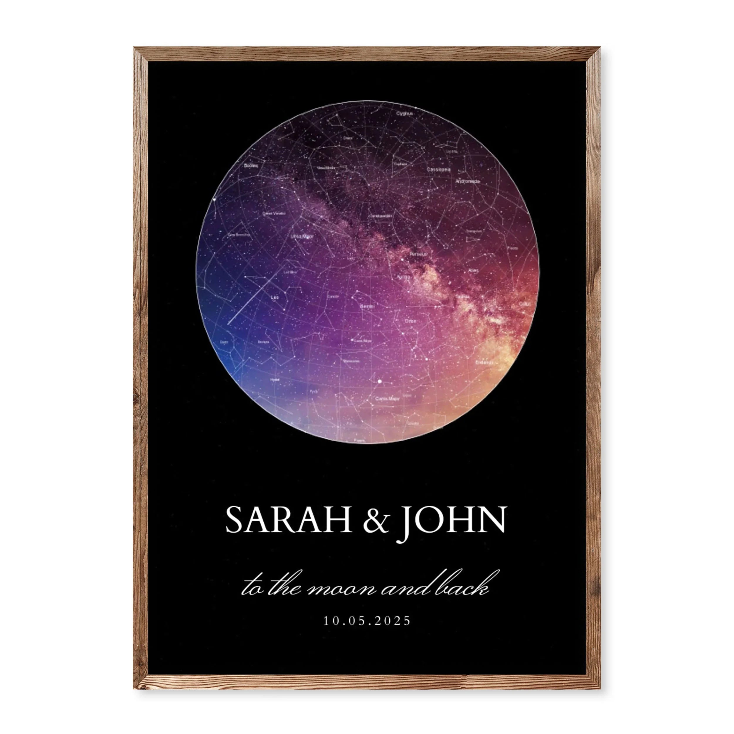 Custom star map print with names, sunset galaxy background and constellations on black backdrop.