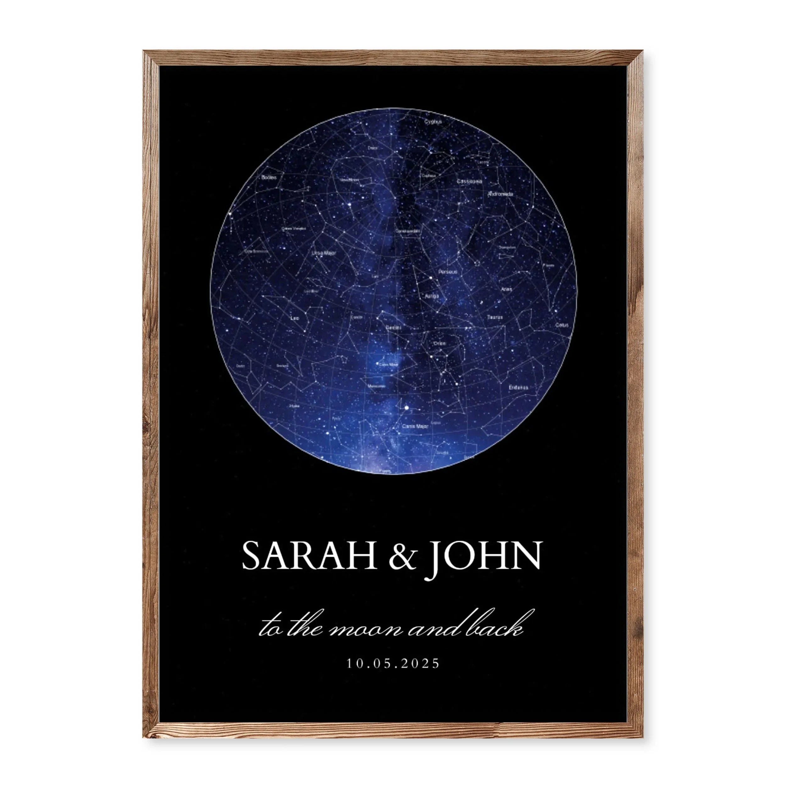 Custom star map print with names, date and quote, featuring a dark blue night sky with constellations.