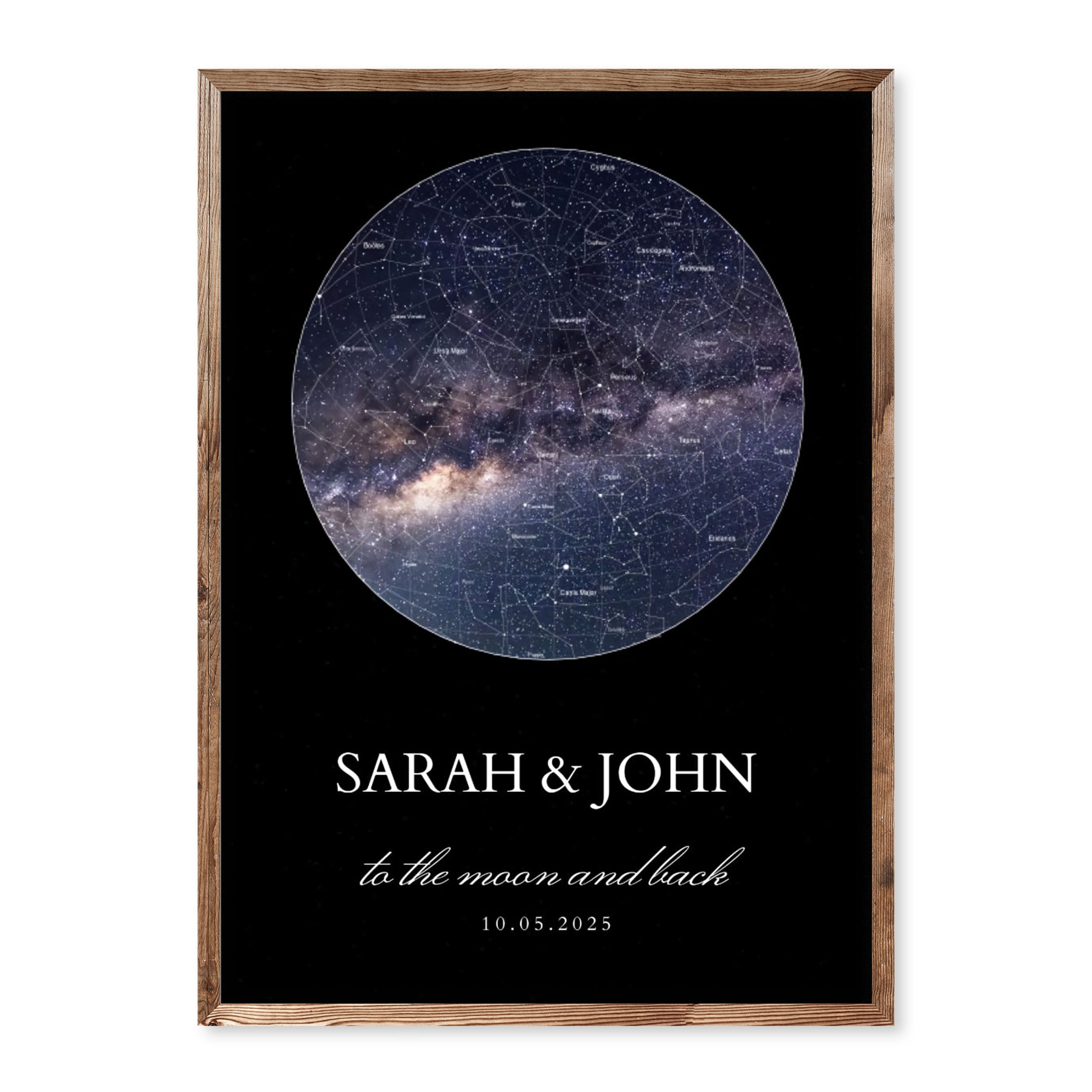 Personalised galaxy star map poster with names, date and quote, showing a realistic night sky with the Milky Way.